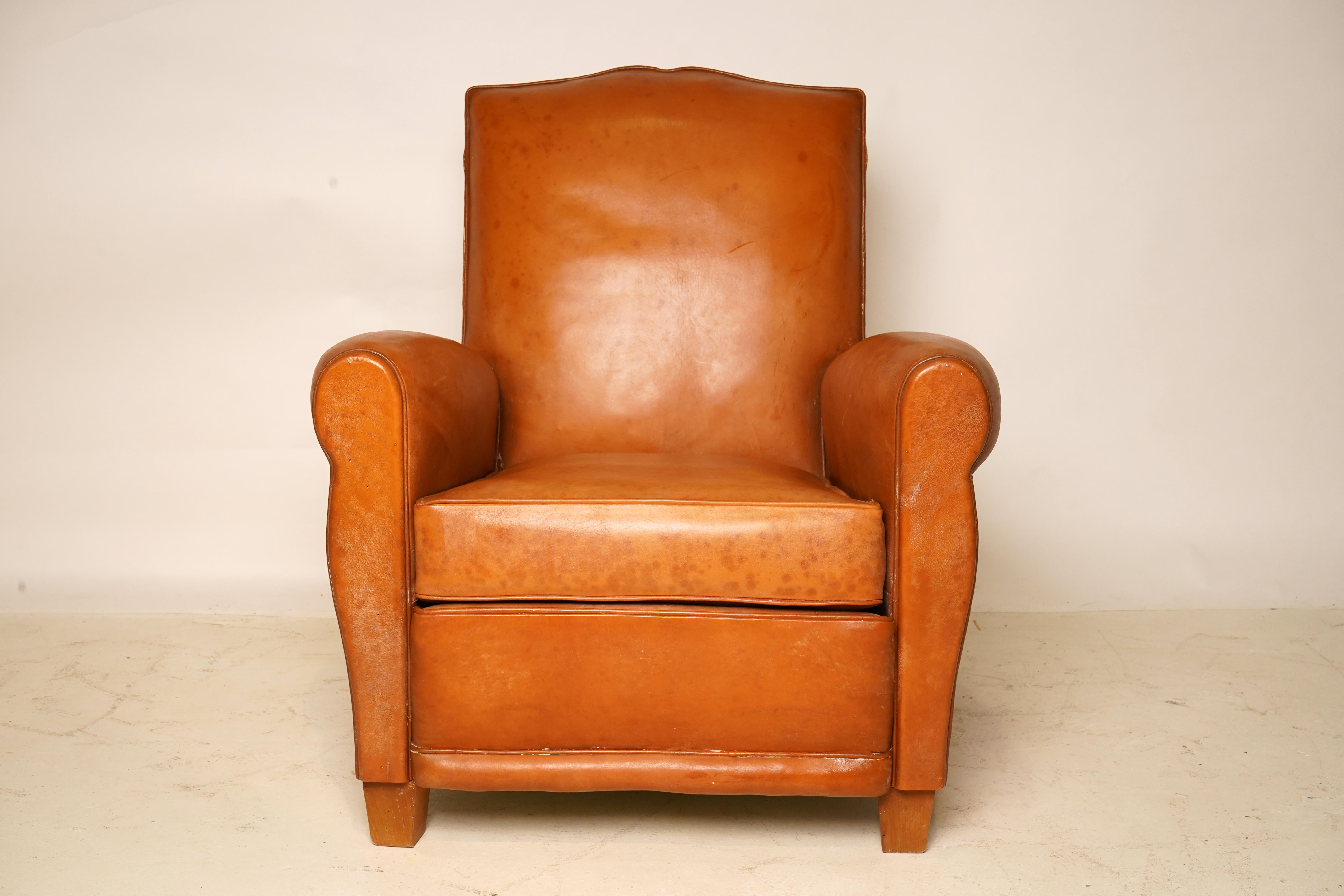C. 1940 Pair of French Leather Art Deco Club Chairs 1