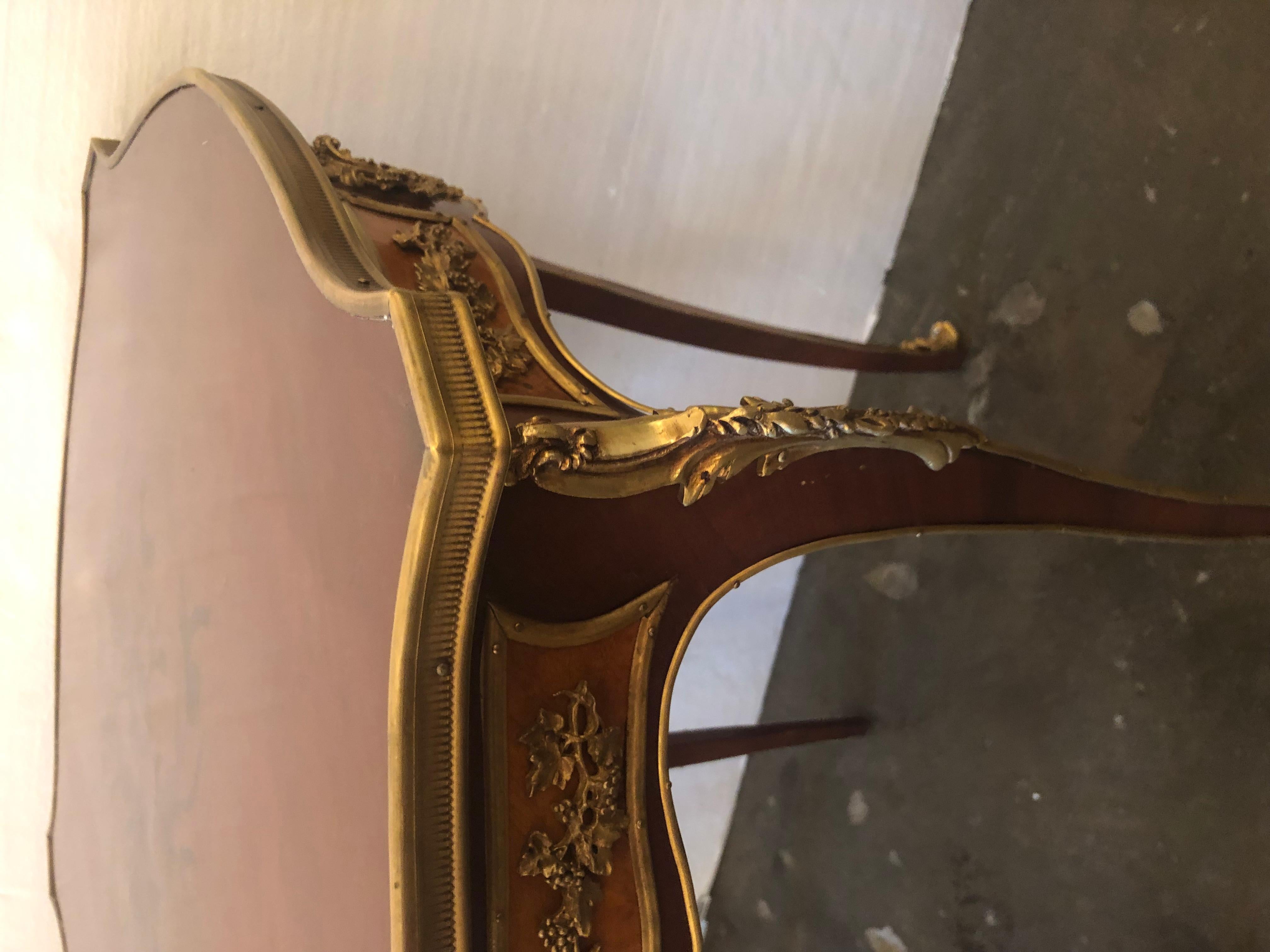 19th Century Pair of French Louis XV-Style Gilt Bronze Mounted Mahogany Tables with Marque For Sale