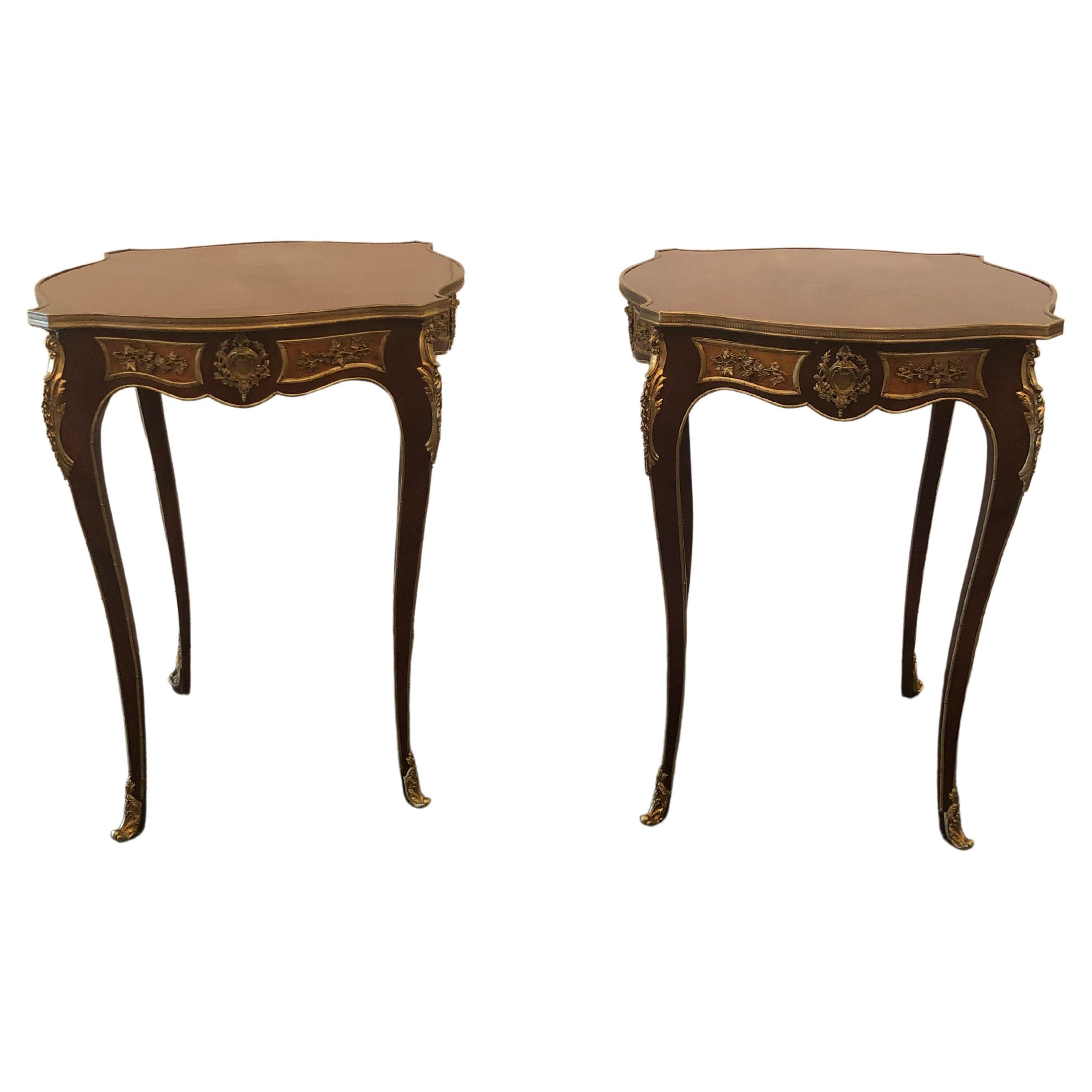 Pair of French Louis XV-Style Gilt Bronze Mounted Mahogany Tables with Marque For Sale