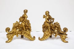 Pair of French Louis XV Style Gilt Bronze Ormolu Chenets, circa 1880