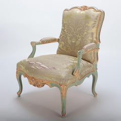 Pair of French Louis XV Style Painted and Gilt Open Armchairs, 19th C