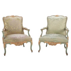 Pair of French Louis XV Style Painted and Gilt Open Armchairs, 19th C