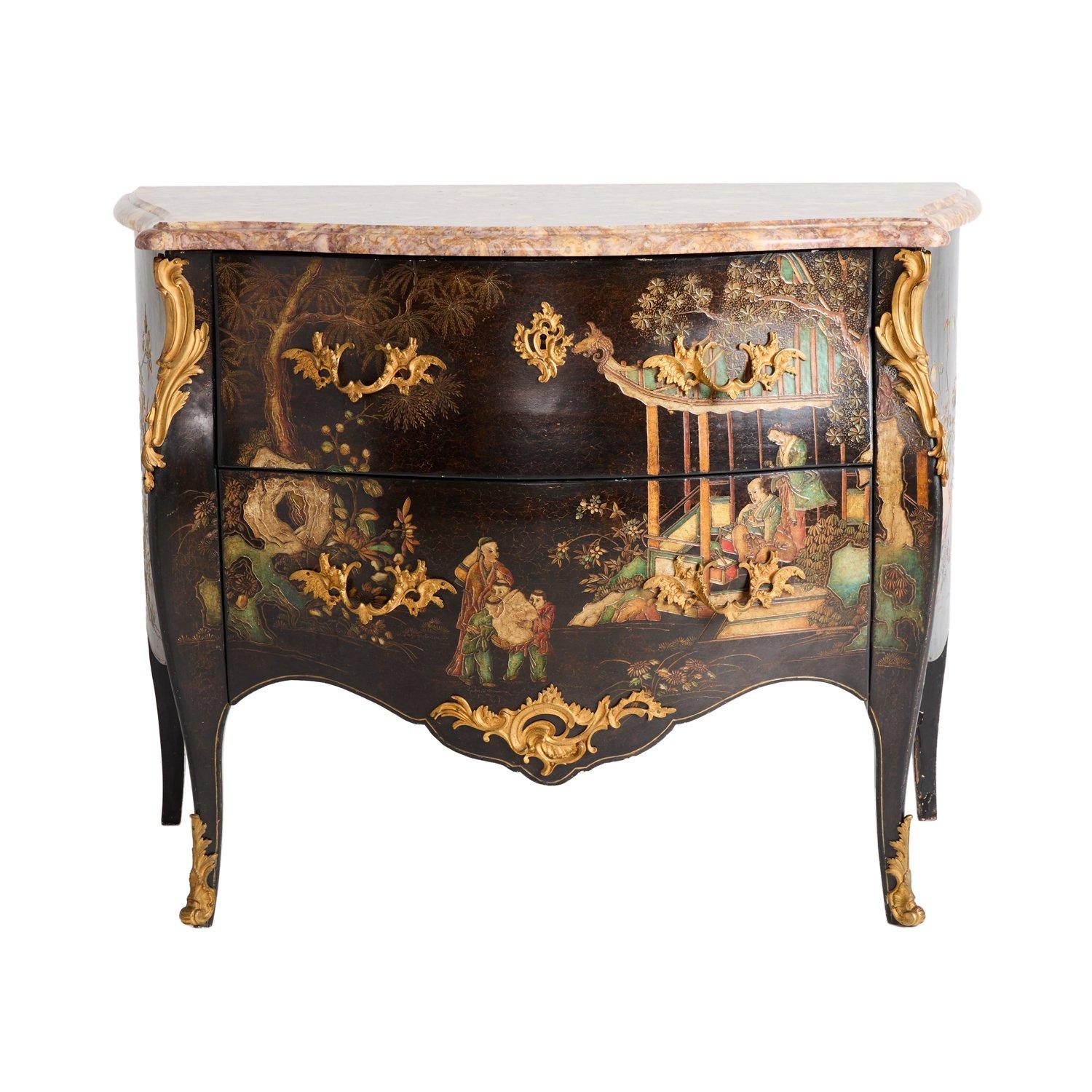 A pair of French Louis XV-style two-drawer chests, representing the height of 18th-century decorative artistry. The chests feature lacquered surfaces adorned with intricate chinoiserie motifs, which create a captivating scene of figures within