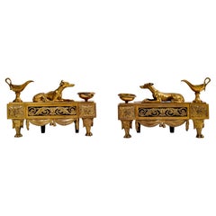 A Pair of French Louis XVI Dore Bronze Greyhound Dog Chenets/Andirons