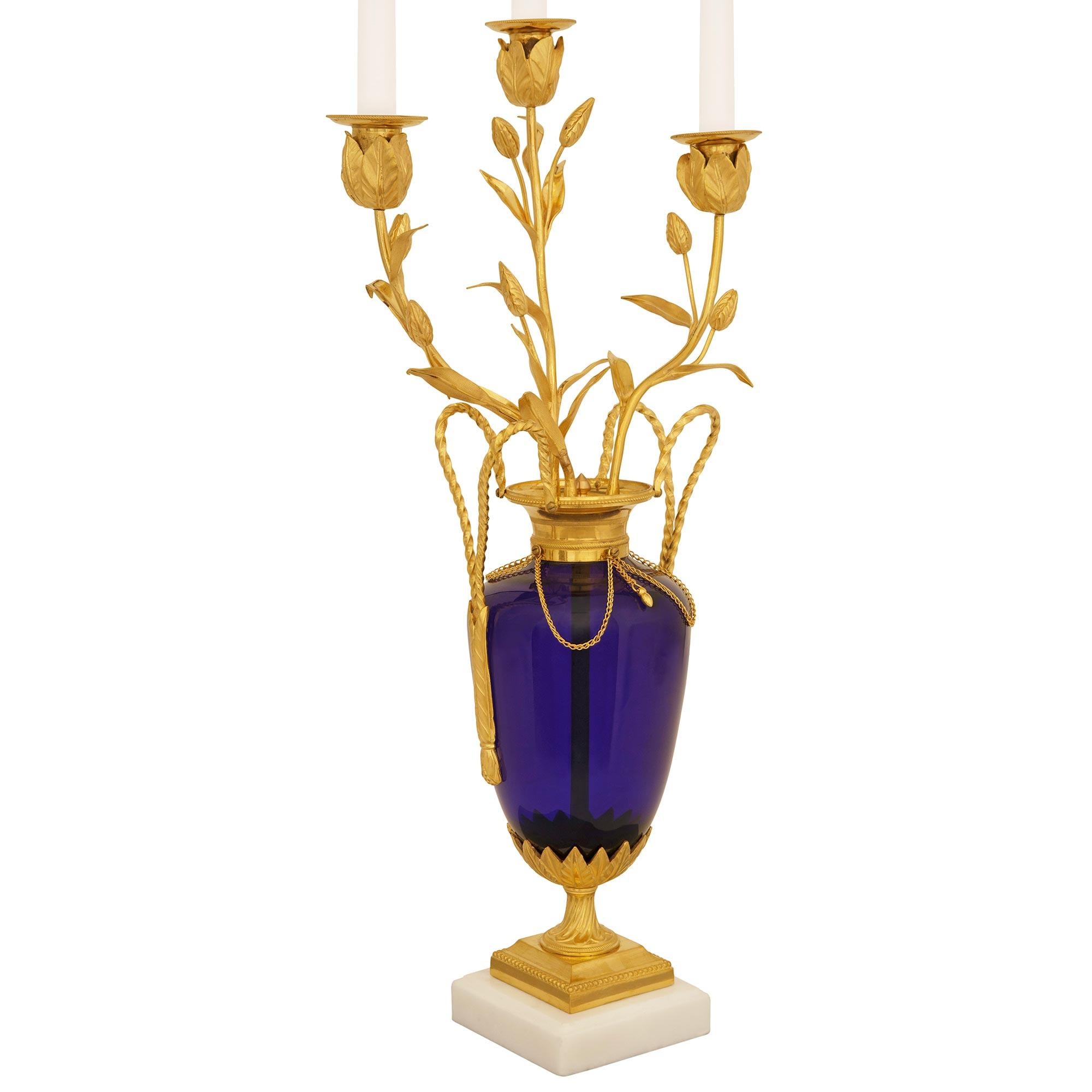 A pair of French Louis XVI st. Glass Ormolu and white Carrara marble candelabras In Good Condition For Sale In West Palm Beach, FL