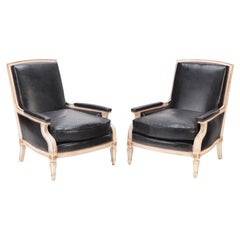 Pair of French Louis XVI Style Black Leather Bergere Armchairs