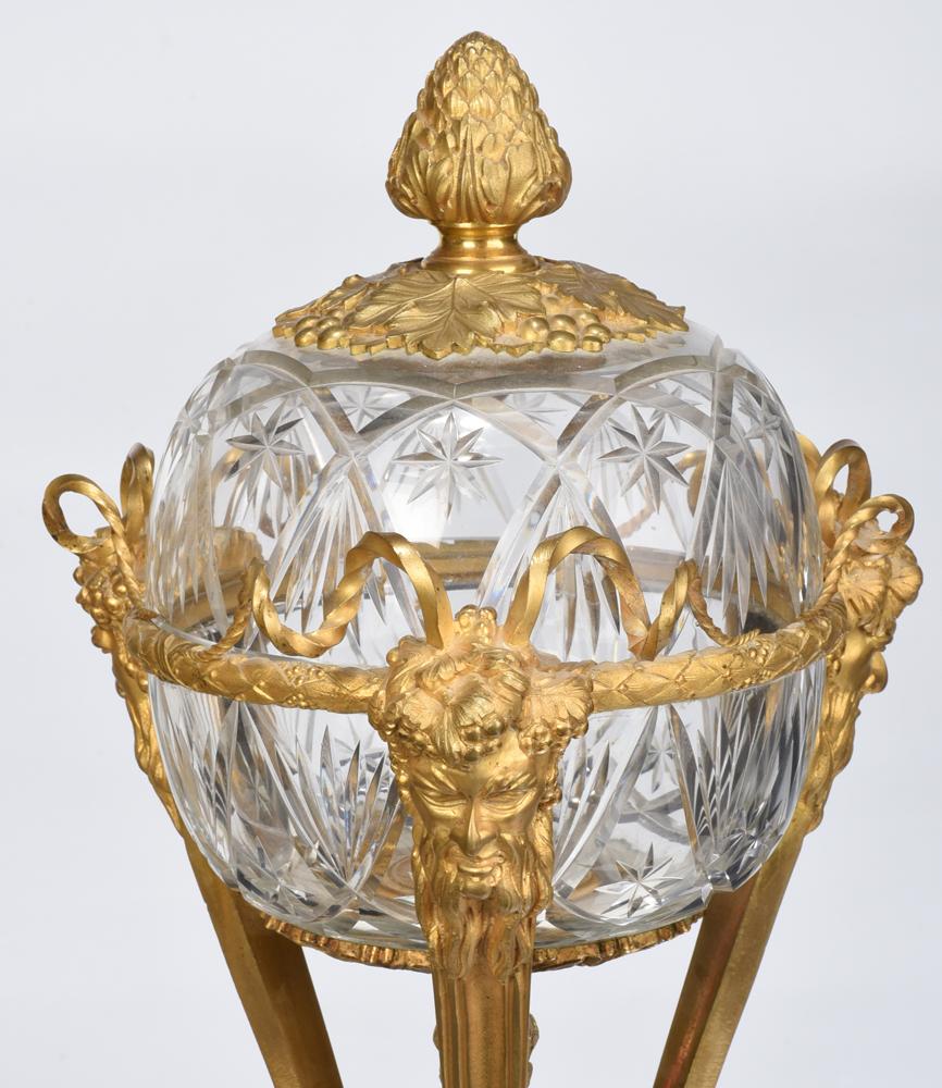 A pair of French Louis XVI style bronze and diamond cut-crystal garniture vases covers, circa 1890.

Very nice quality ormolu. Cut crystal bowls on three figural gilt-bronze mask supports, with curling horn embellishments to each, grape and vine