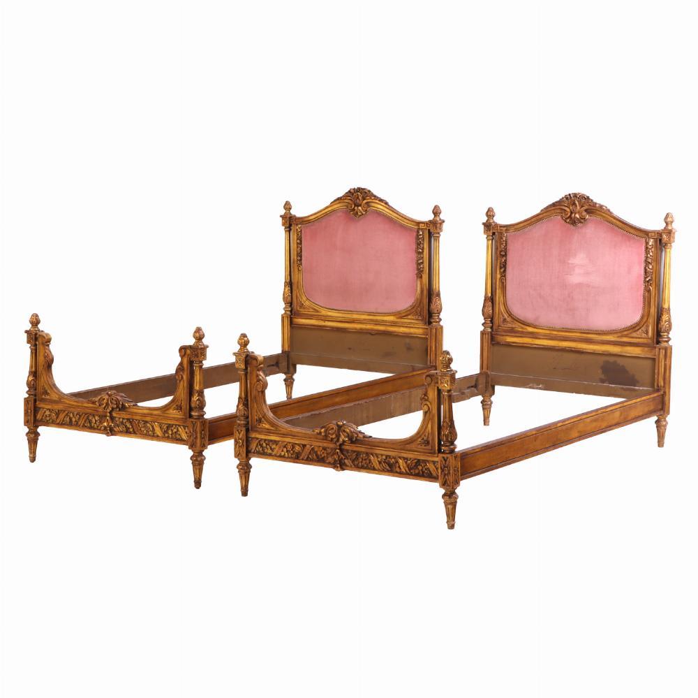 A Pair of French Louis XVI Style Carved Giltwood Twin Beds, C. 1920. For Sale 1