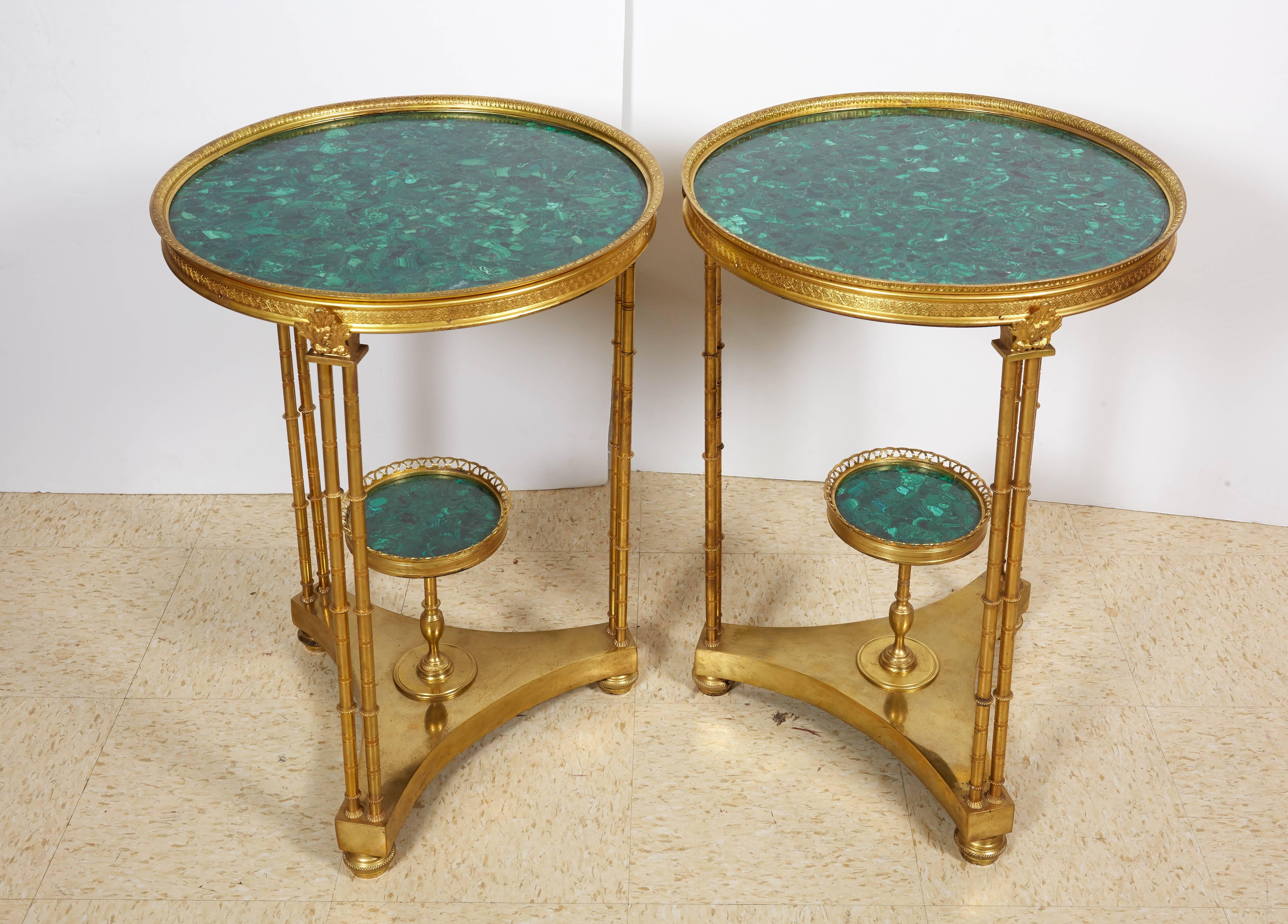 Pair of French Louis XVI Style Gilt Bronze and Malachite Gueridon Tables In Excellent Condition In New York, NY