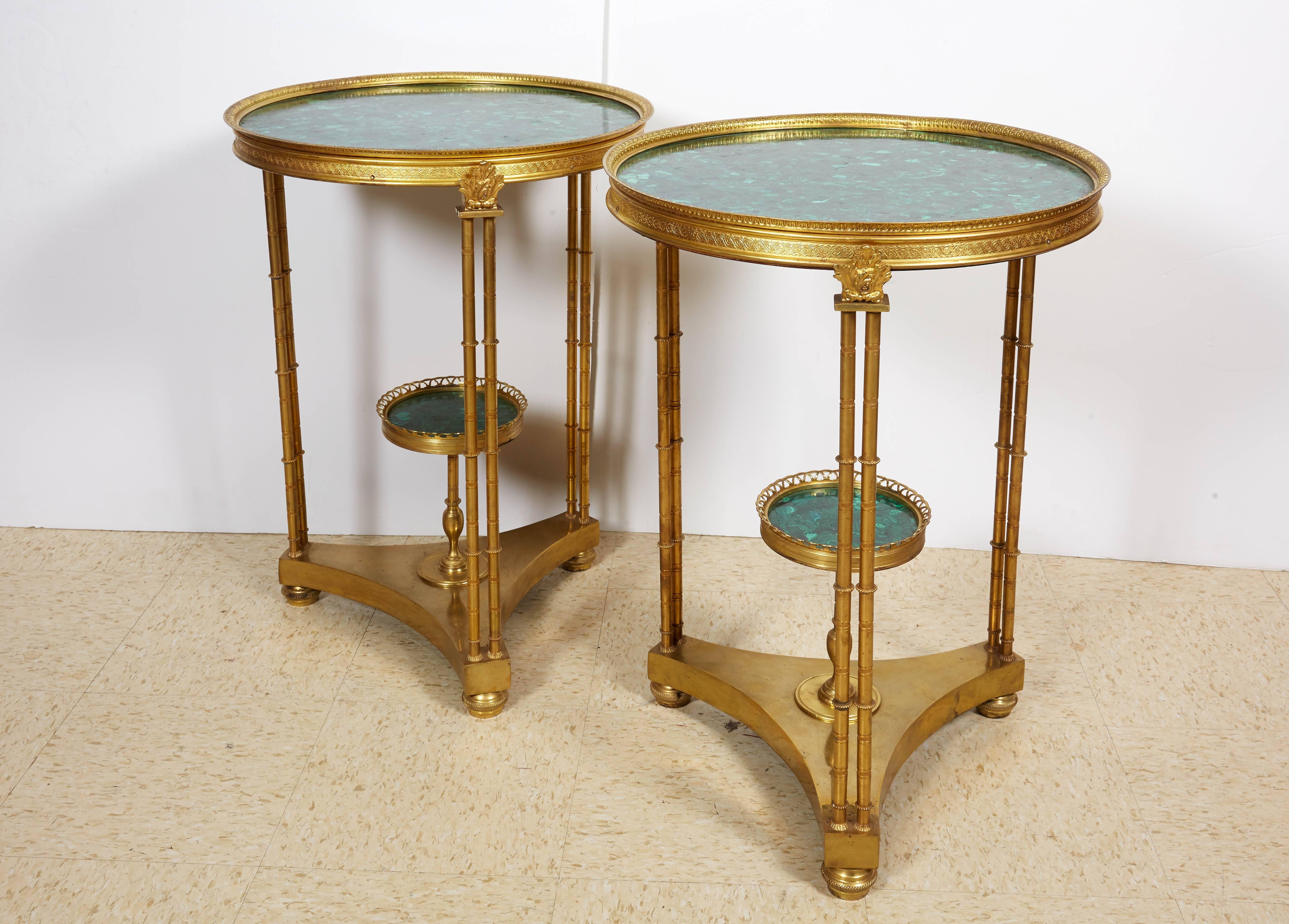 20th Century Pair of French Louis XVI Style Gilt Bronze and Malachite Gueridon Tables