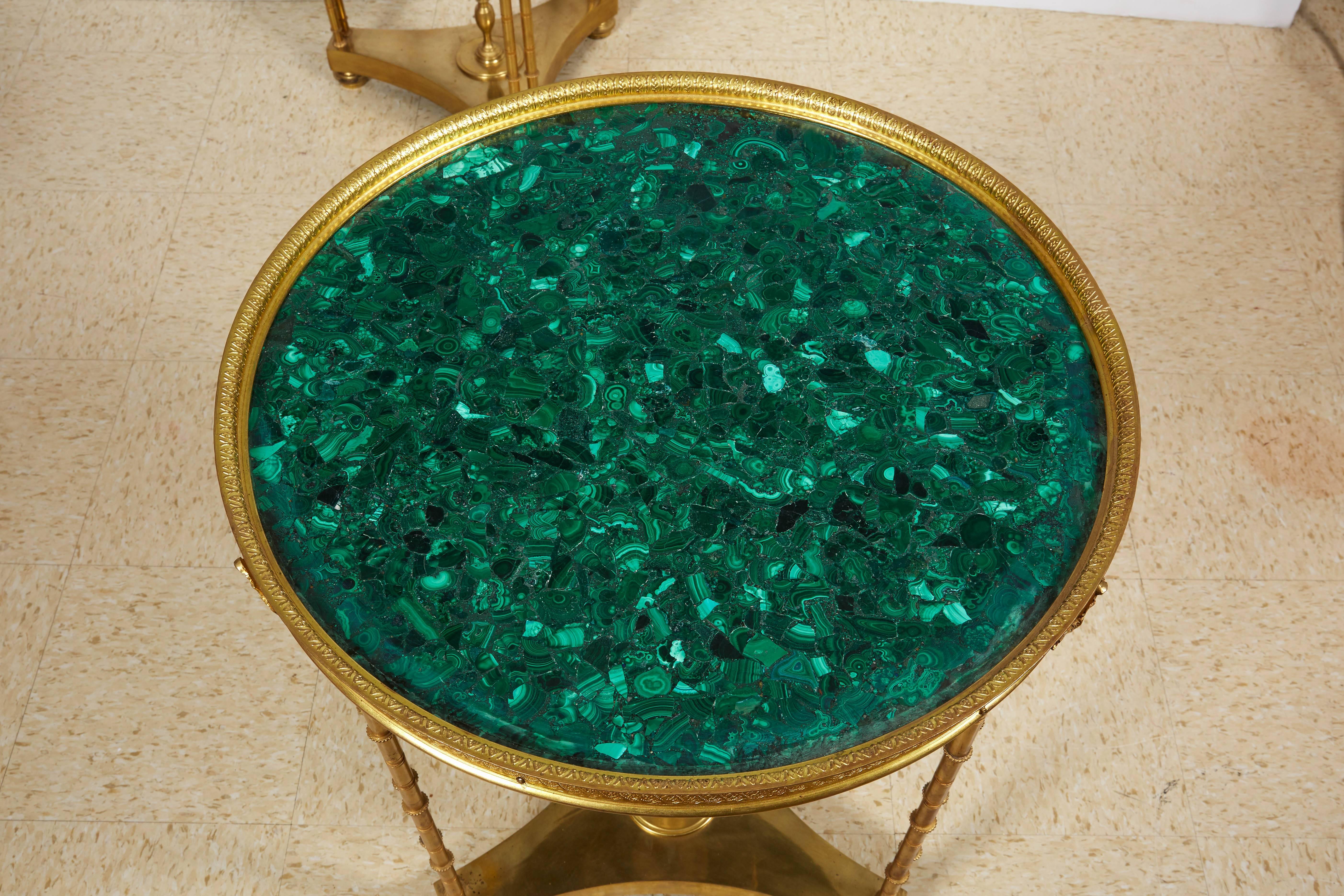 Pair of French Louis XVI Style Gilt Bronze and Malachite Gueridon Tables 5