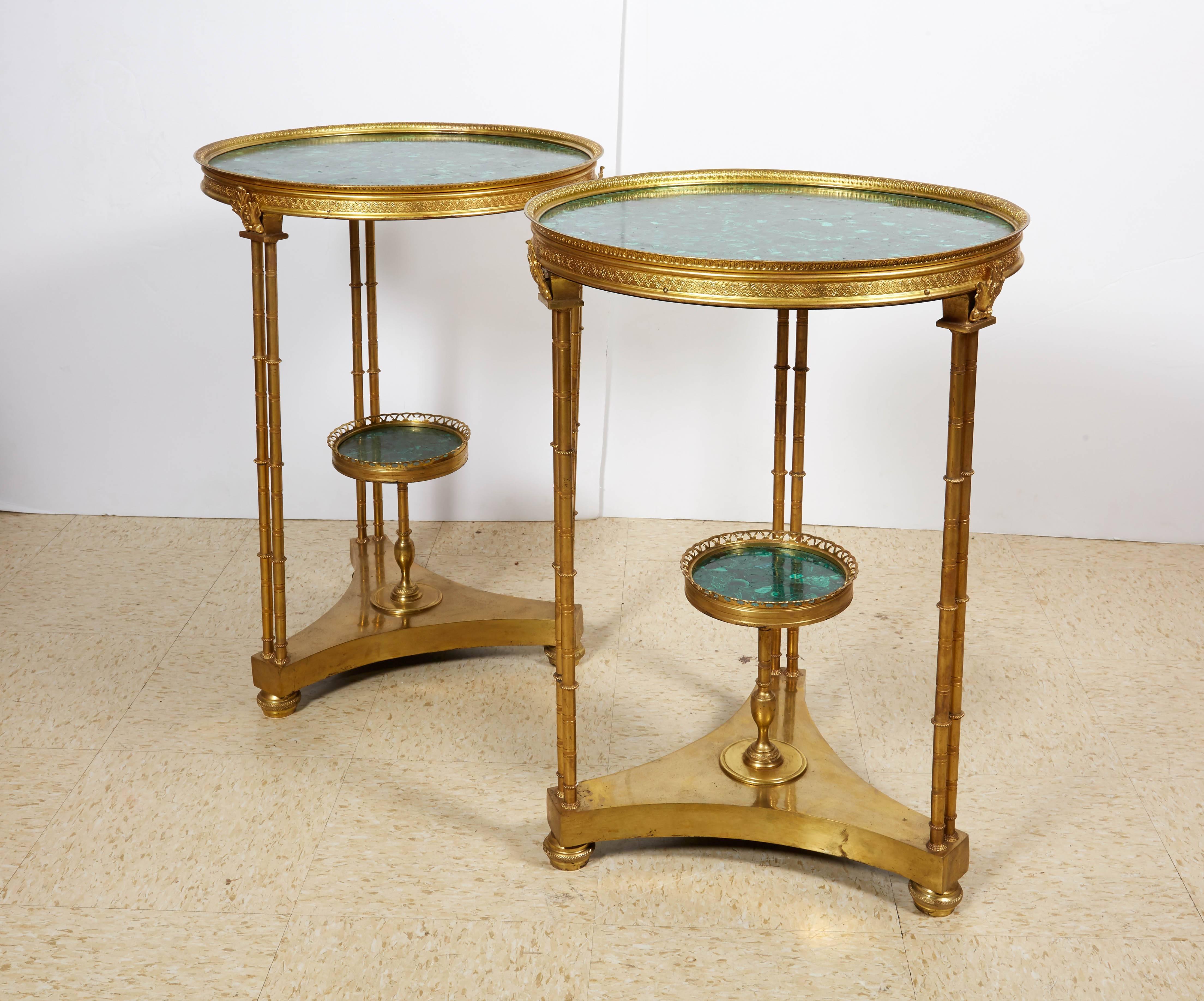 Pair of French Louis XVI Style Gilt Bronze and Malachite Gueridon Tables 6