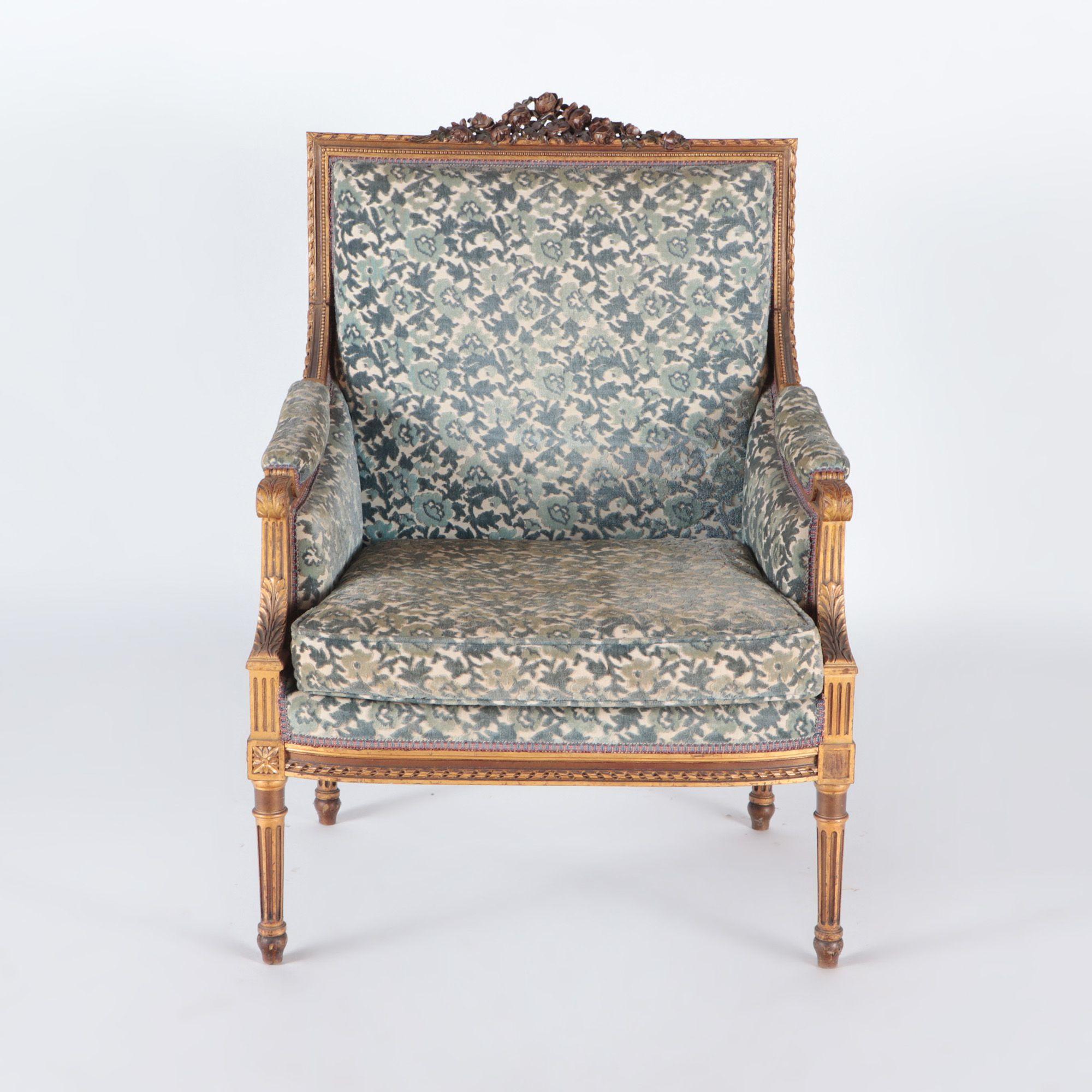 Pair of French Louis XVI Style Giltwood Bergere Chairs, C 1900 In Good Condition In Philadelphia, PA