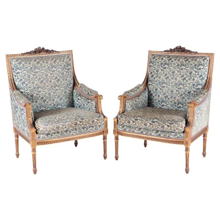 Pair of French Louis XVI Style Giltwood Bergere Chairs, C 1900 For Sale ...