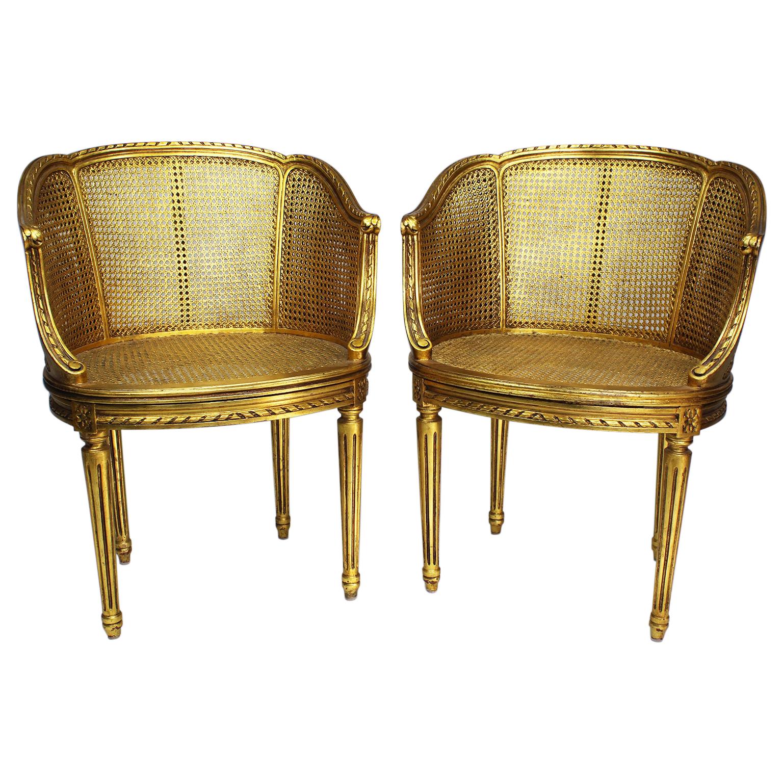 Pair of French Louis XVI Style Giltwood Carved and Cane Fauteuils Armchairs