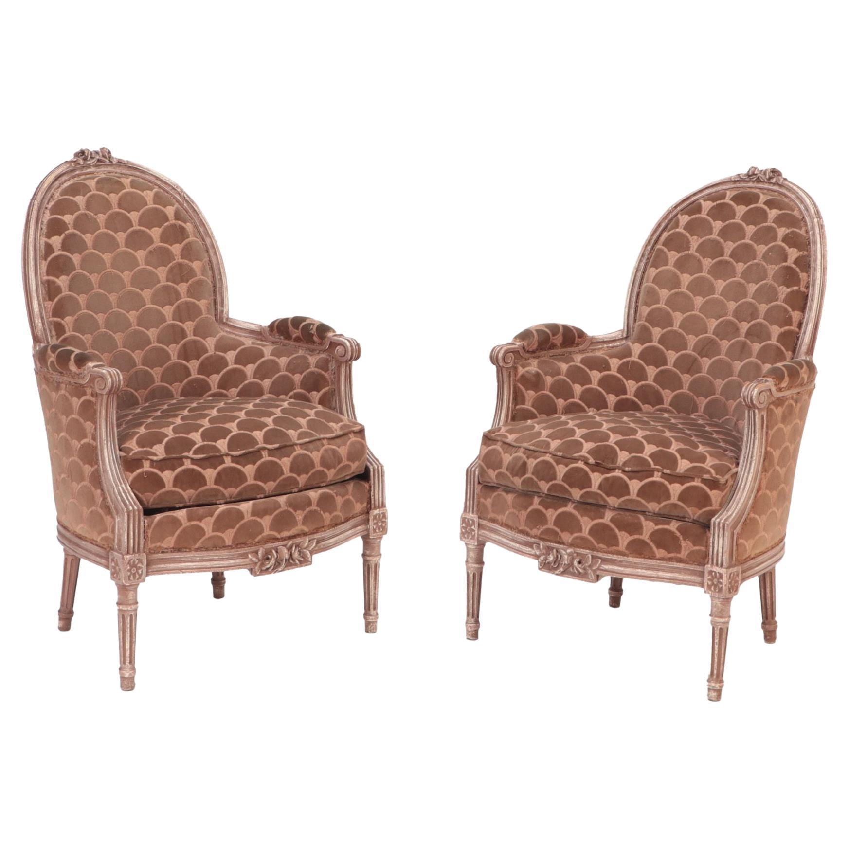 Pair of French Louis XVI Style Painted Wood Armchairs or Bergeres, C 1920