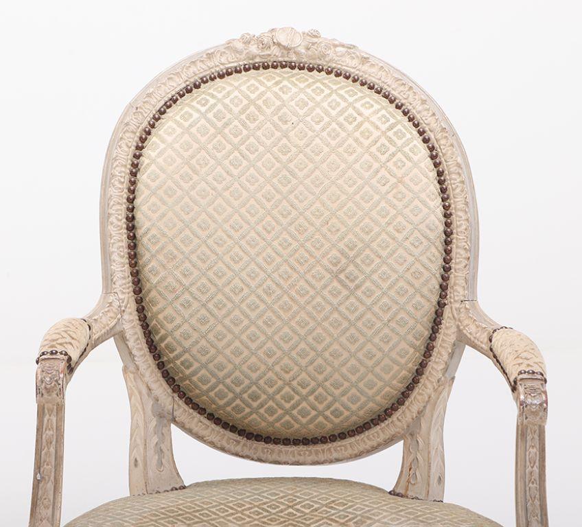 A pair of French Louis XVI style relief carved open armchairs circa 1860. For Sale 2