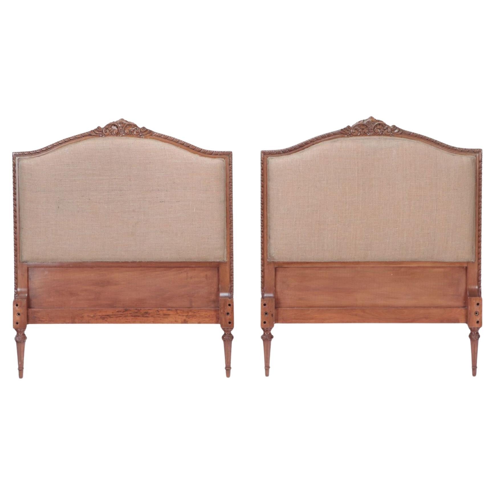 Pair of French Louis XVI Style Twin Beds Headboards in Burlap, circa 1950 For Sale