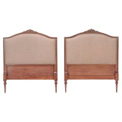 Pair of French Louis XVI Style Twin Beds Headboards in Burlap, circa 1950