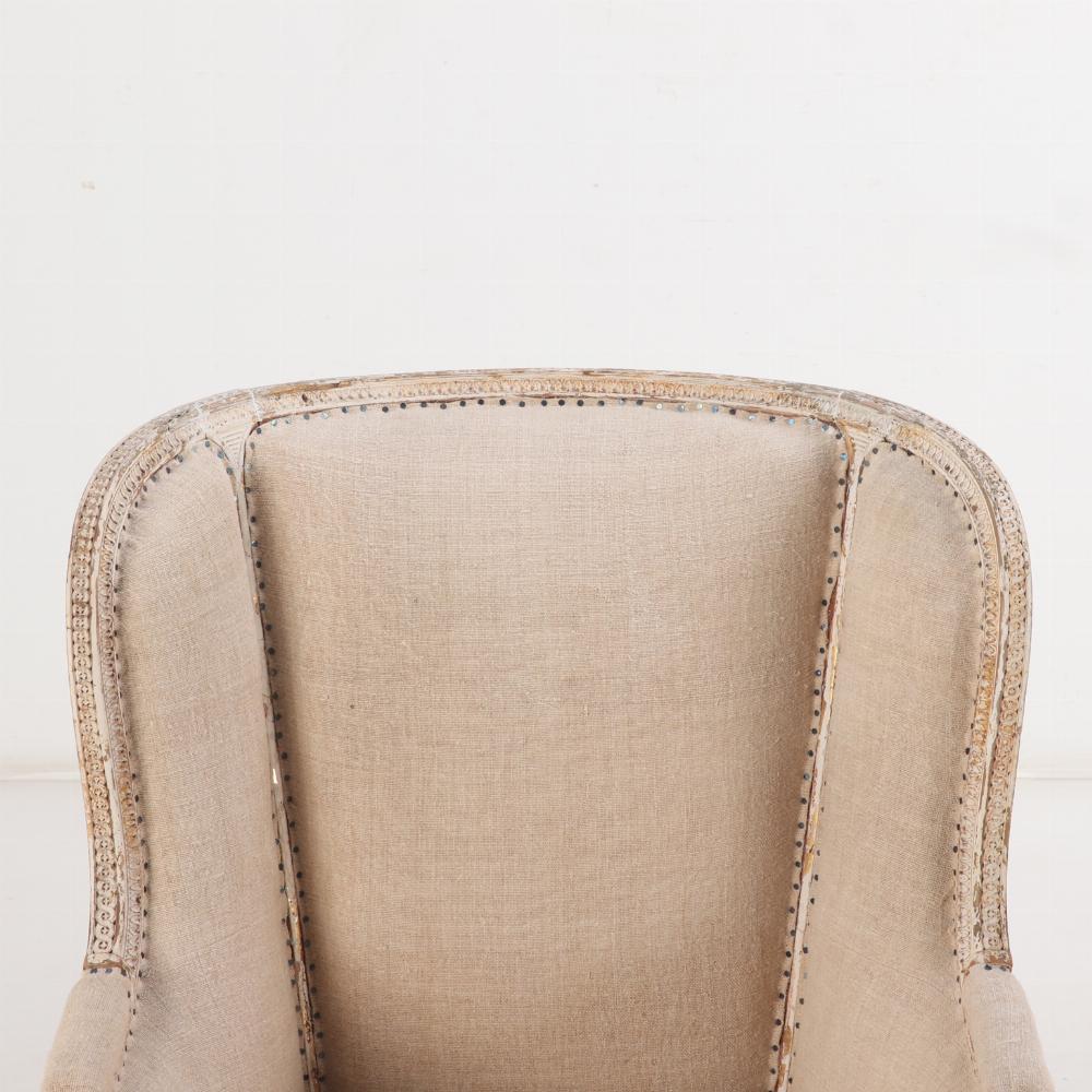 Français A.I.C. Paire de chaises bergères de style Louis XVI, tapissées et peintes, C 1900. en vente