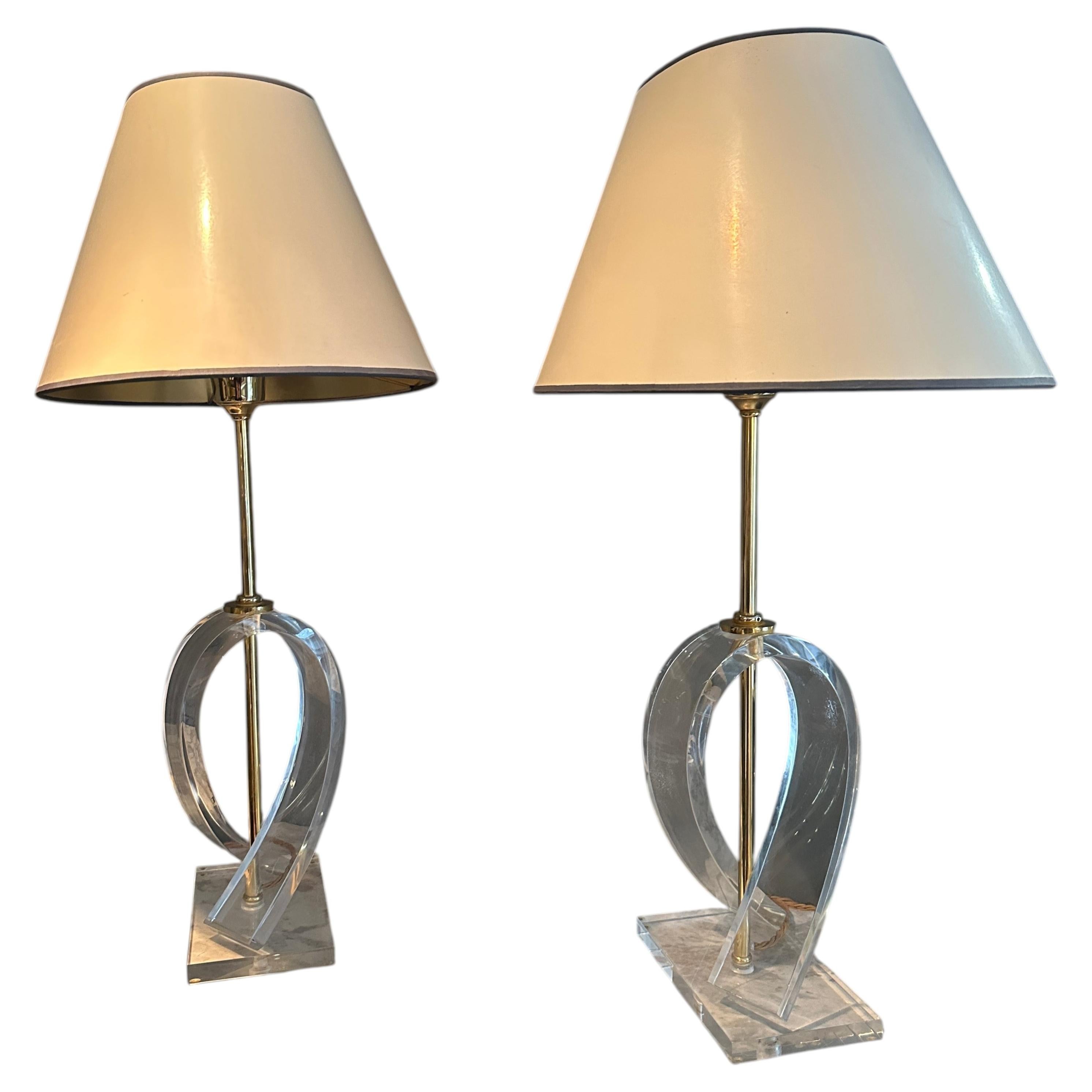 A Pair Of French Lucite And Brass Table Lamps For Sale