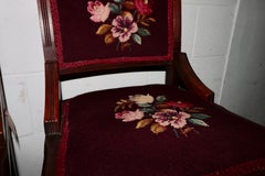 Pair of French Mahogany with Carved Scroll Work Crewel Flora Embroidered Chairs