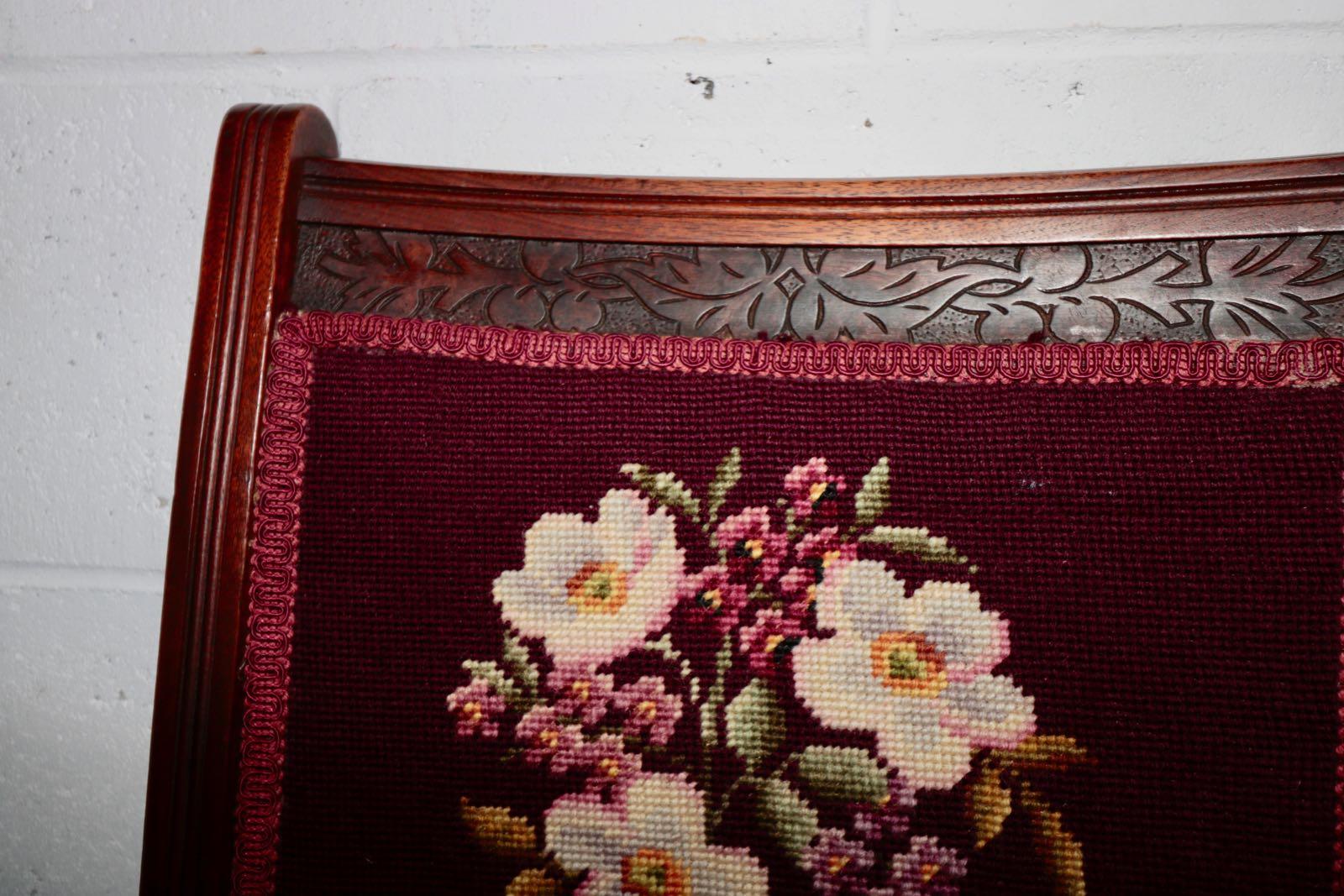 Baroque Pair of French Mahogany with Carved Scroll Work Crewel Flora Embroidered Chairs For Sale