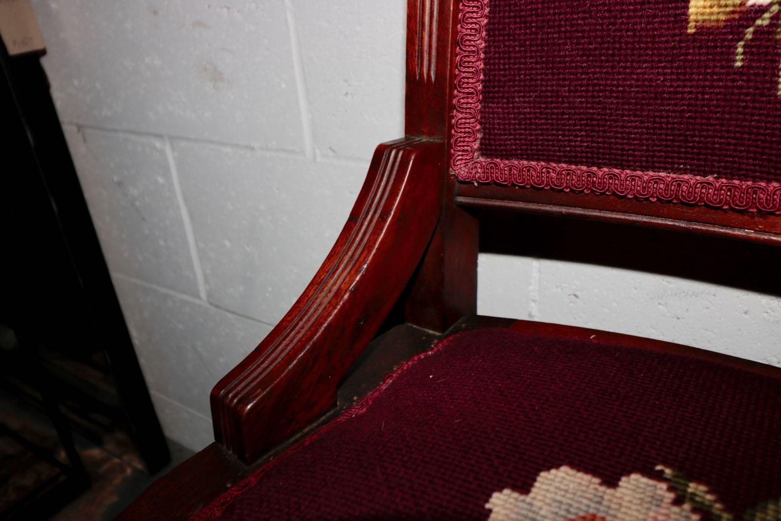 Pair of French Mahogany with Carved Scroll Work Crewel Flora Embroidered Chairs In Good Condition For Sale In Westport, CT