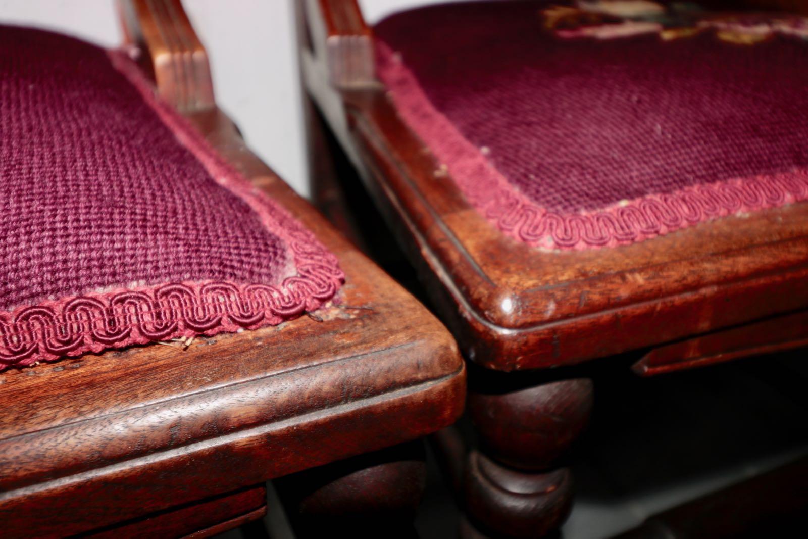 19th Century Pair of French Mahogany with Carved Scroll Work Crewel Flora Embroidered Chairs For Sale