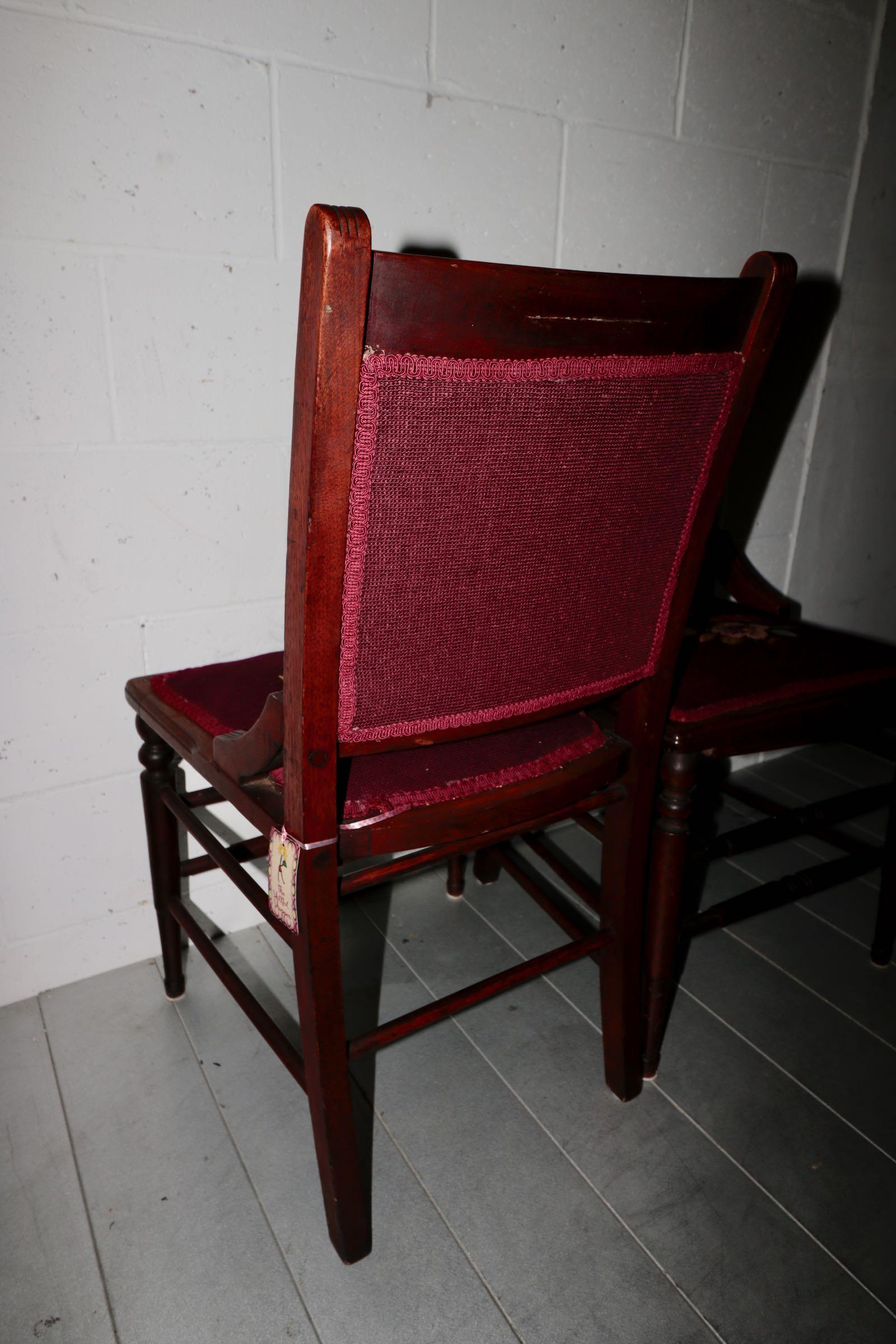 Pair of French Mahogany with Carved Scroll Work Crewel Flora Embroidered Chairs For Sale 1