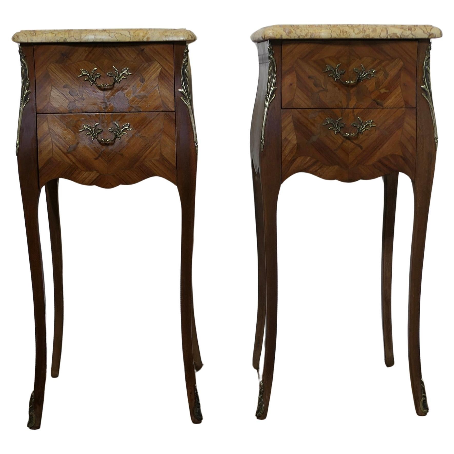 A Pair of French Marquetry Bombe Bedside Cabinets   