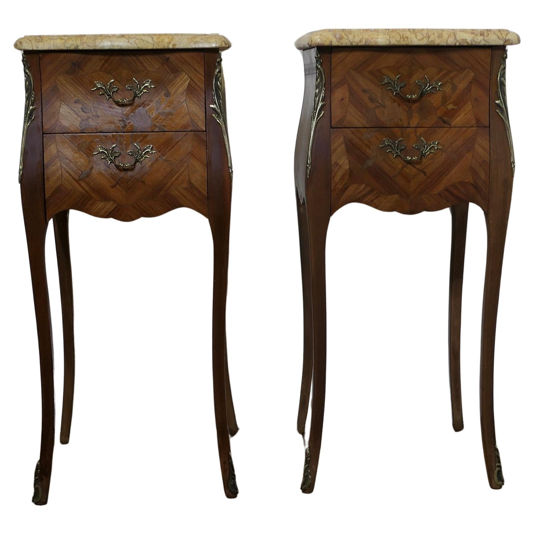 A Pair of French Marquetry Bombe Bedside Cabinets