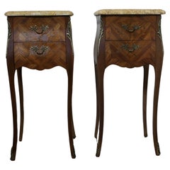 A Pair of French Marquetry Bombe Bedside Cabinets   