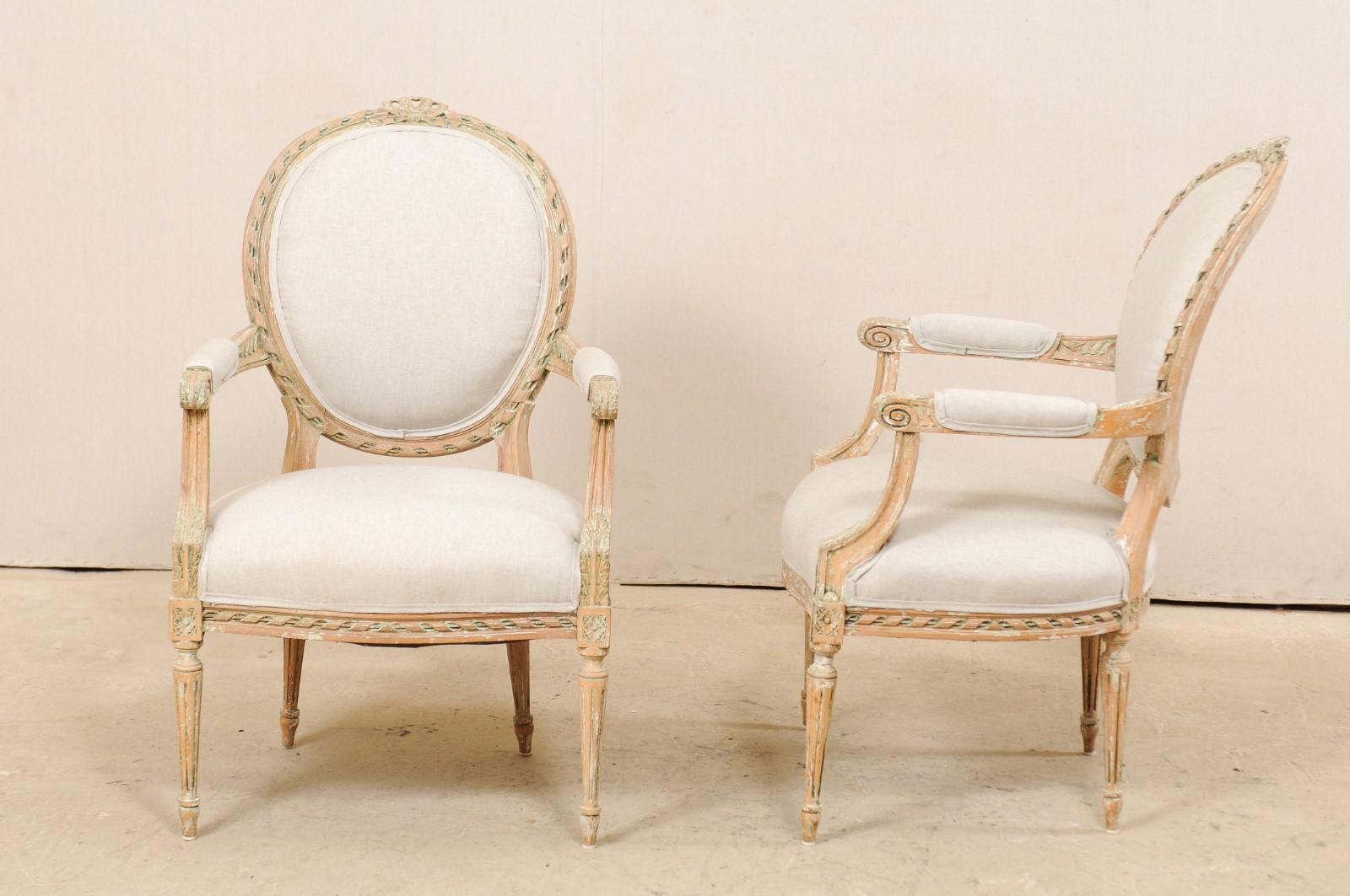 Pair of French Mid-20th Century Oval Back Armchairs with Nicely Carved Accents 5