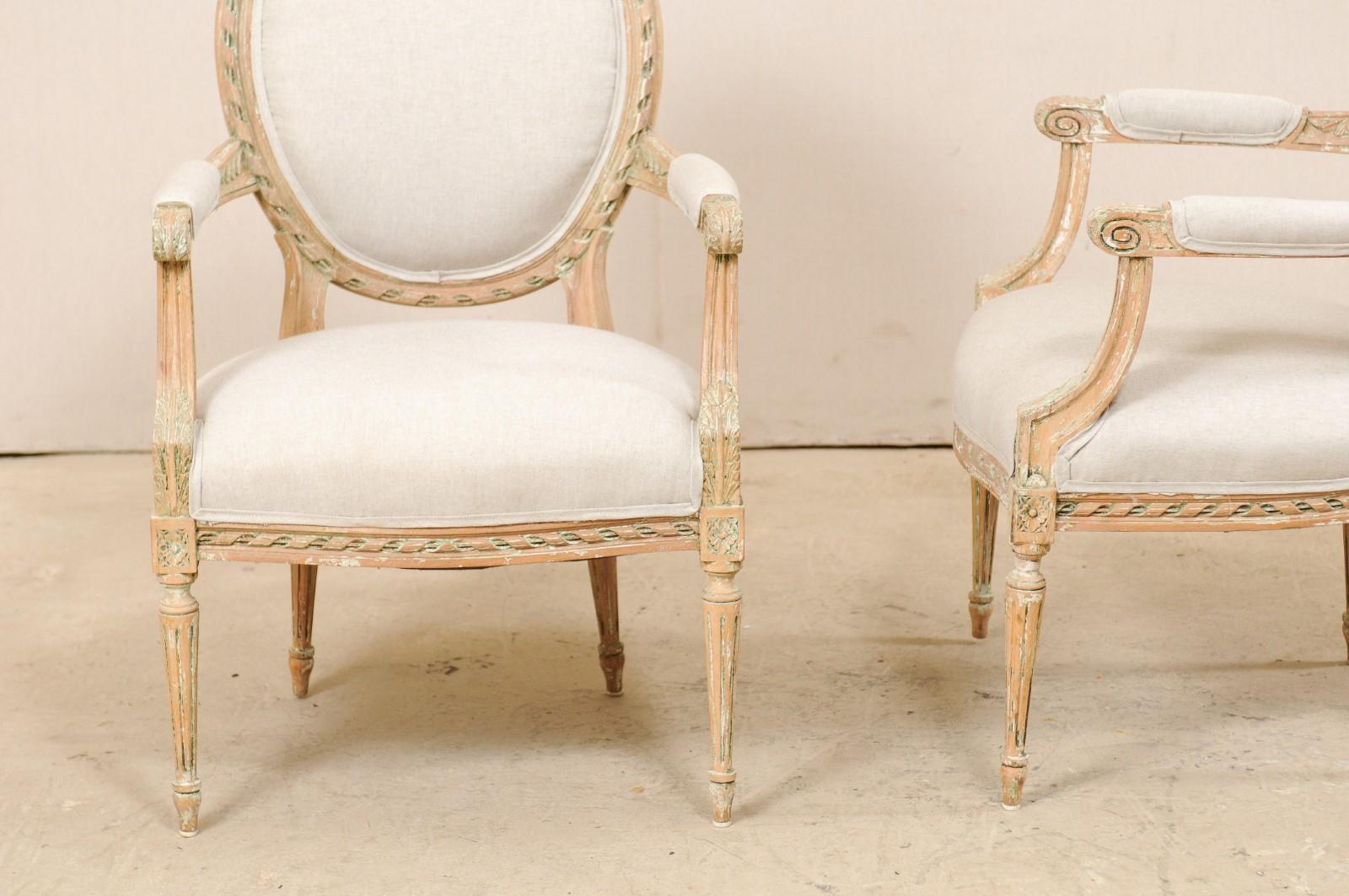 Pair of French Mid-20th Century Oval Back Armchairs with Nicely Carved Accents 6