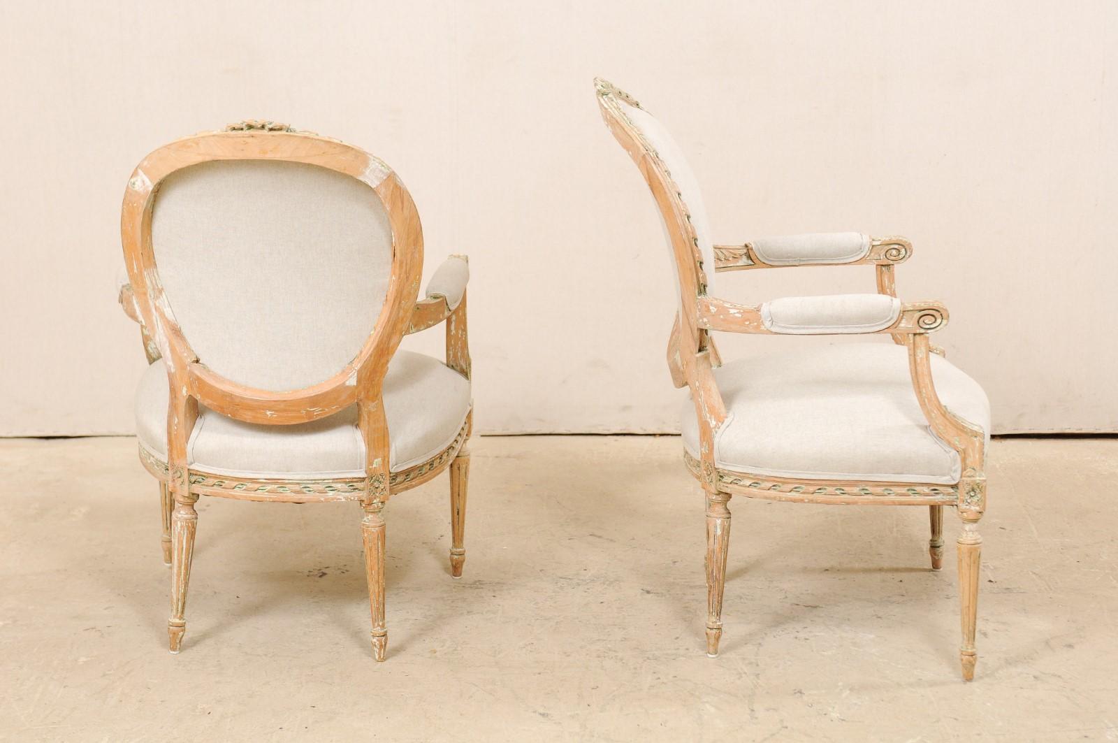 Pair of French Mid-20th Century Oval Back Armchairs with Nicely Carved Accents 3