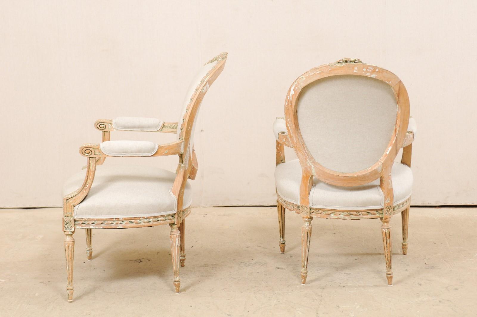 Pair of French Mid-20th Century Oval Back Armchairs with Nicely Carved Accents 4
