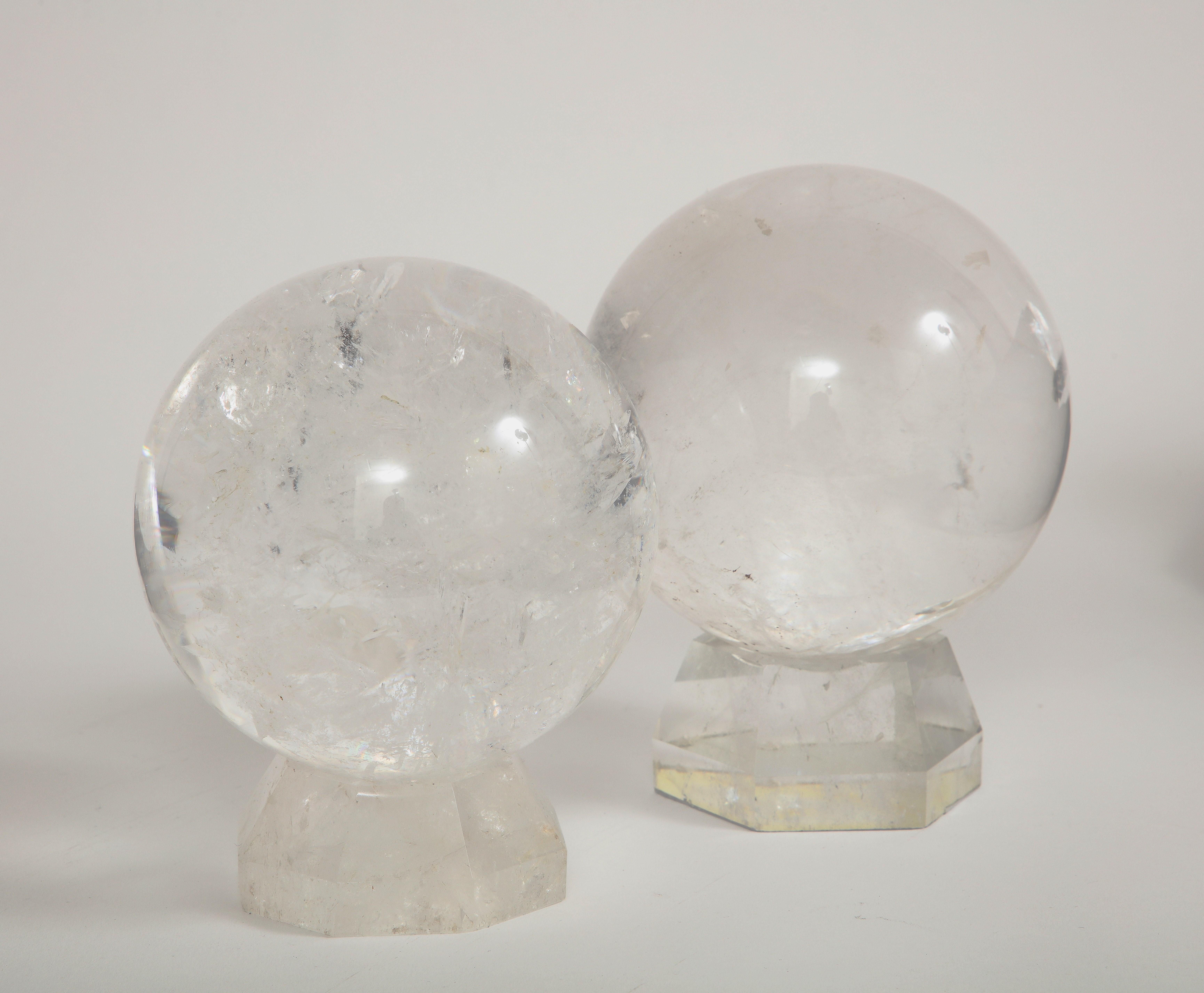 Hand-Carved Pair of French Mid-Century Modern Rock Crystal Hand-Craved, Hand-Polished Orbs For Sale