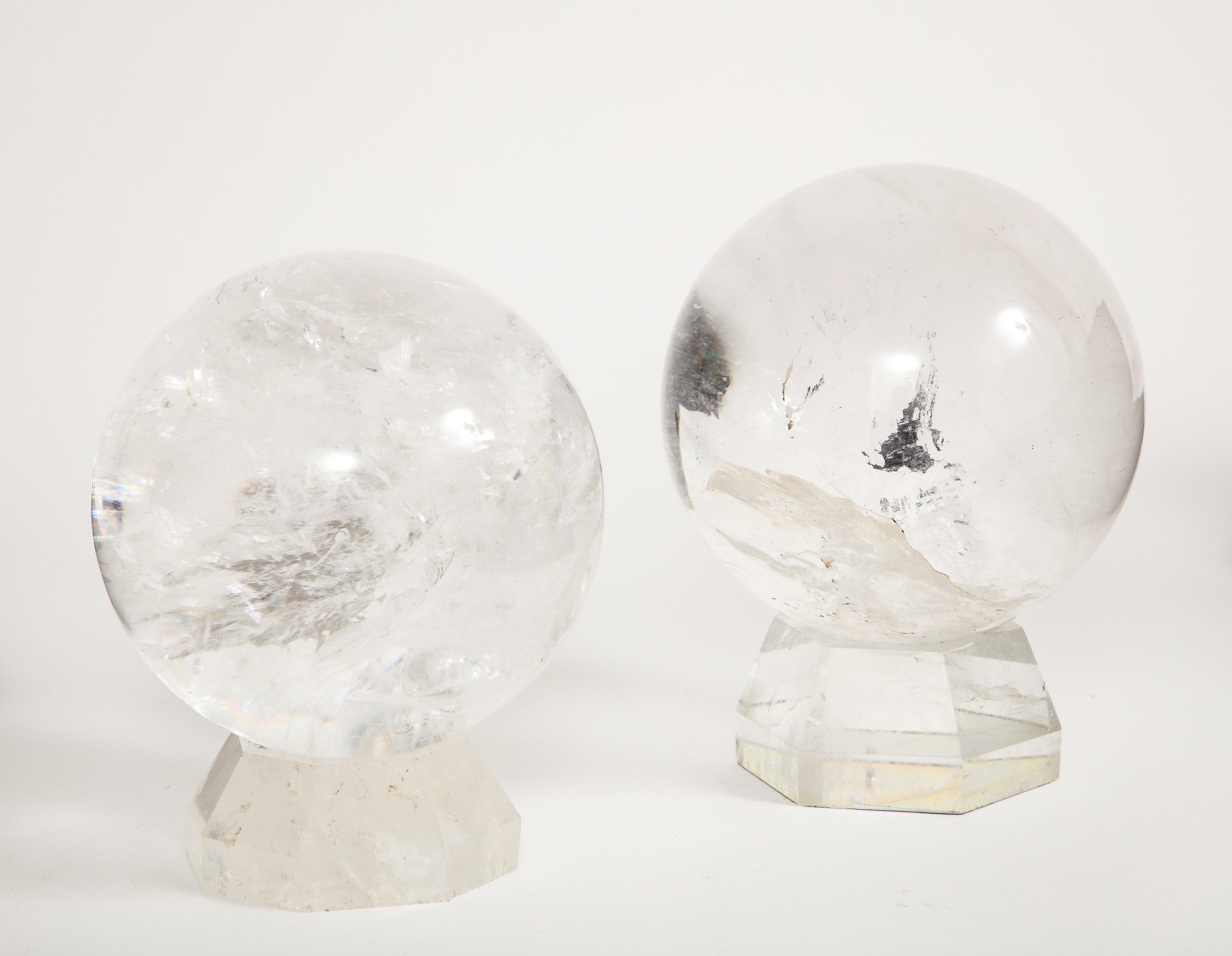 Pair of French Mid-Century Modern Rock Crystal Hand-Craved, Hand-Polished Orbs In Good Condition For Sale In New York, NY
