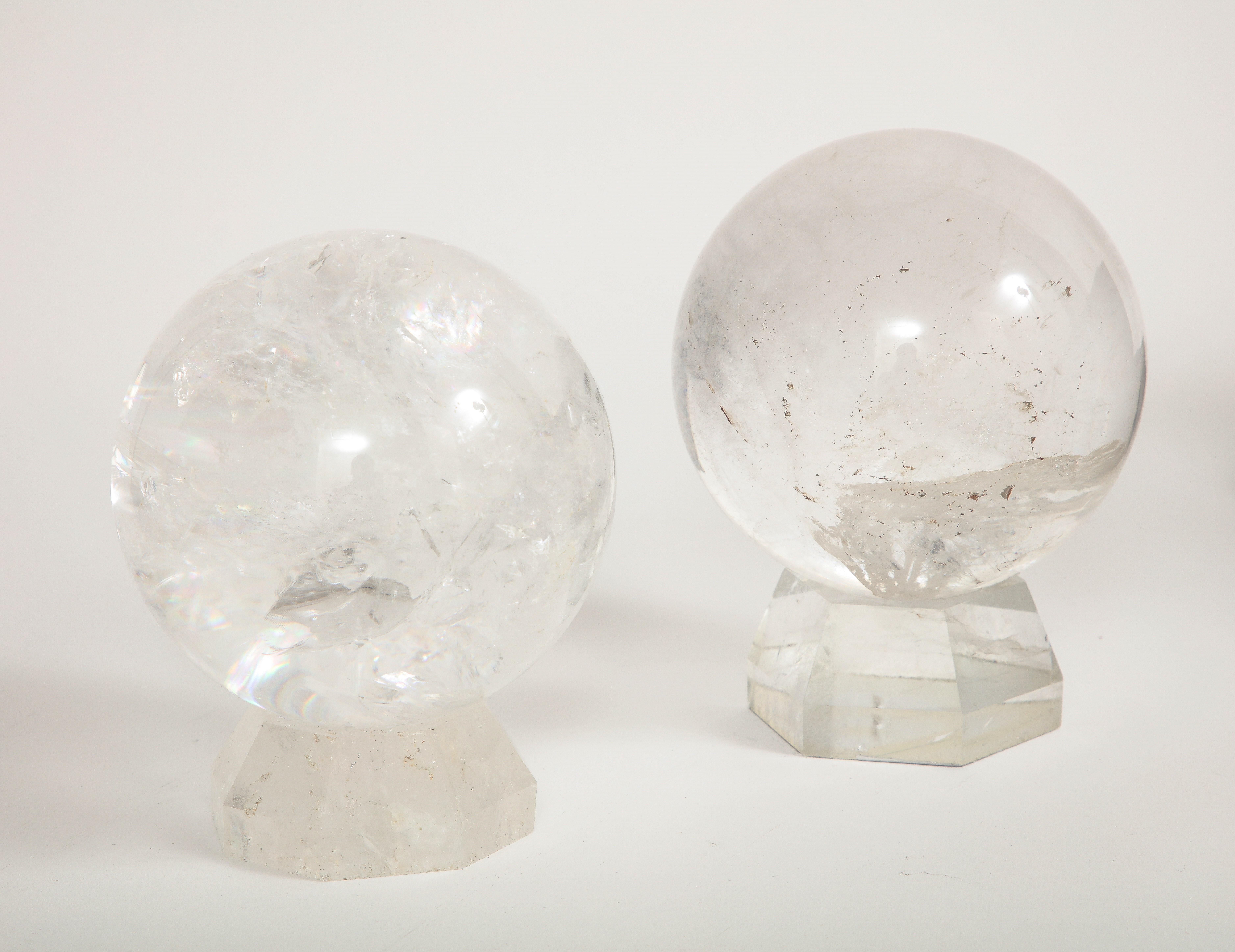20th Century Pair of French Mid-Century Modern Rock Crystal Hand-Craved, Hand-Polished Orbs For Sale