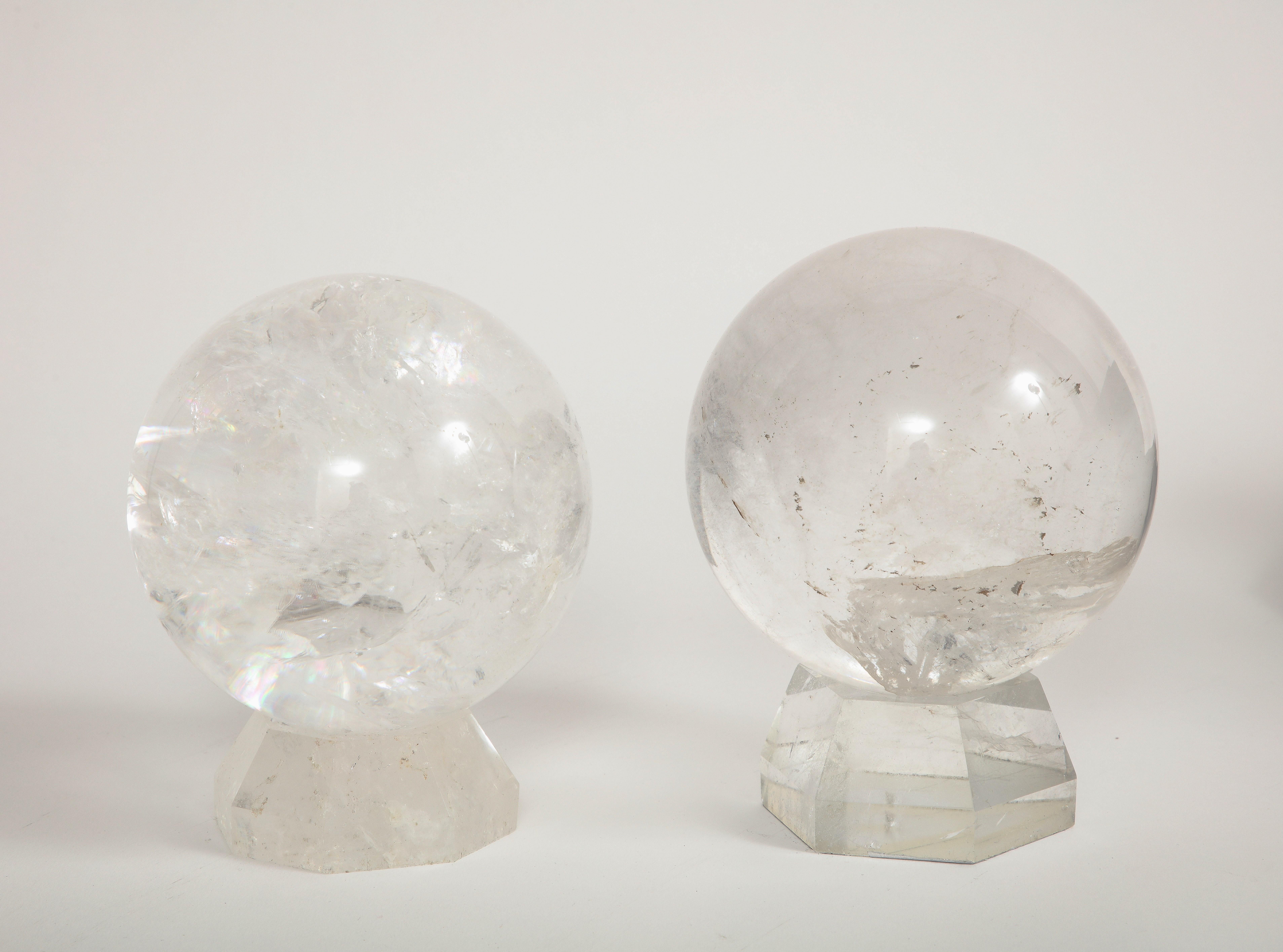 Pair of French Mid-Century Modern Rock Crystal Hand-Craved, Hand-Polished Orbs For Sale 1