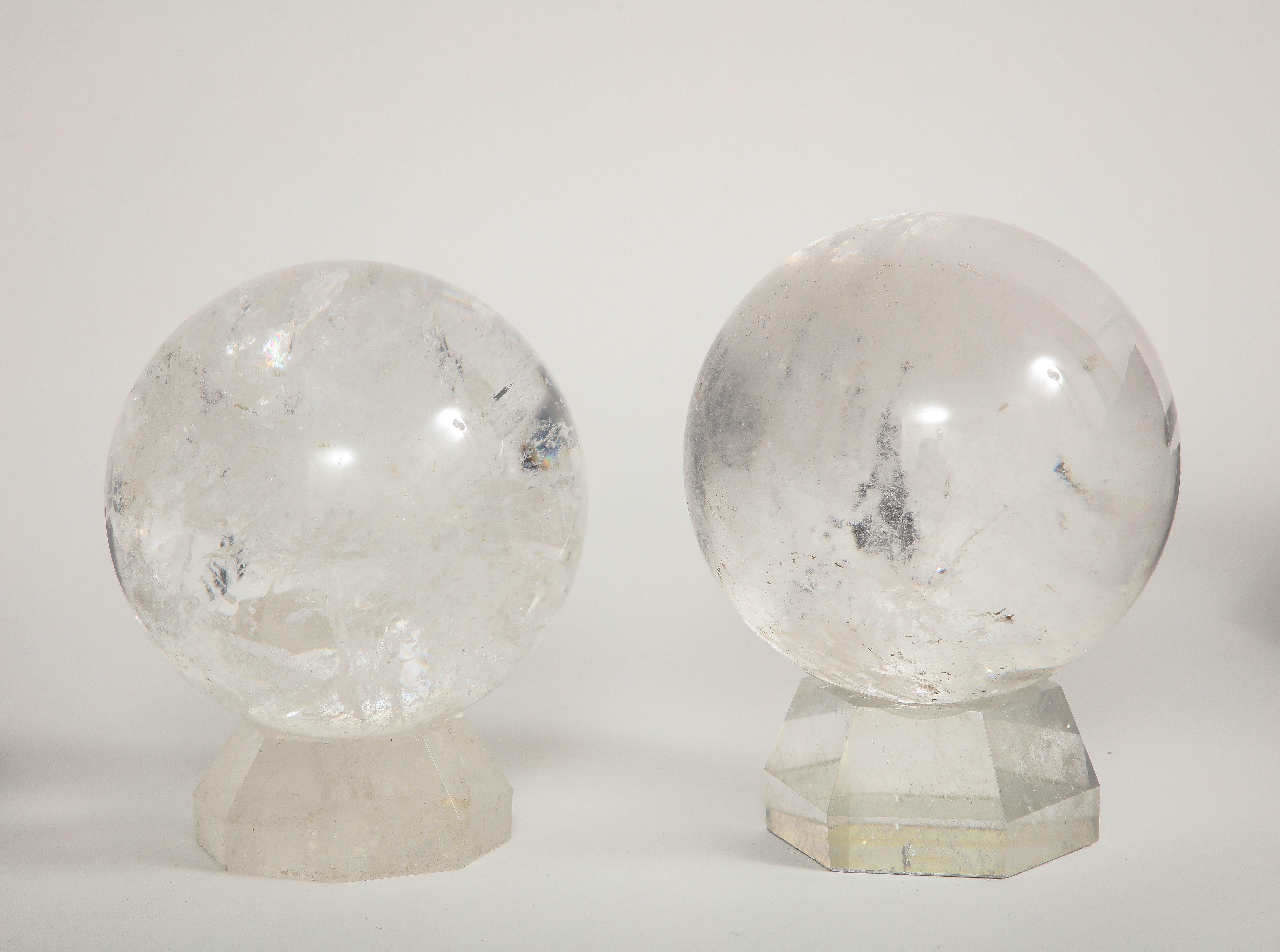 Pair of French Mid-Century Modern Rock Crystal Hand-Craved, Hand-Polished Orbs For Sale 2
