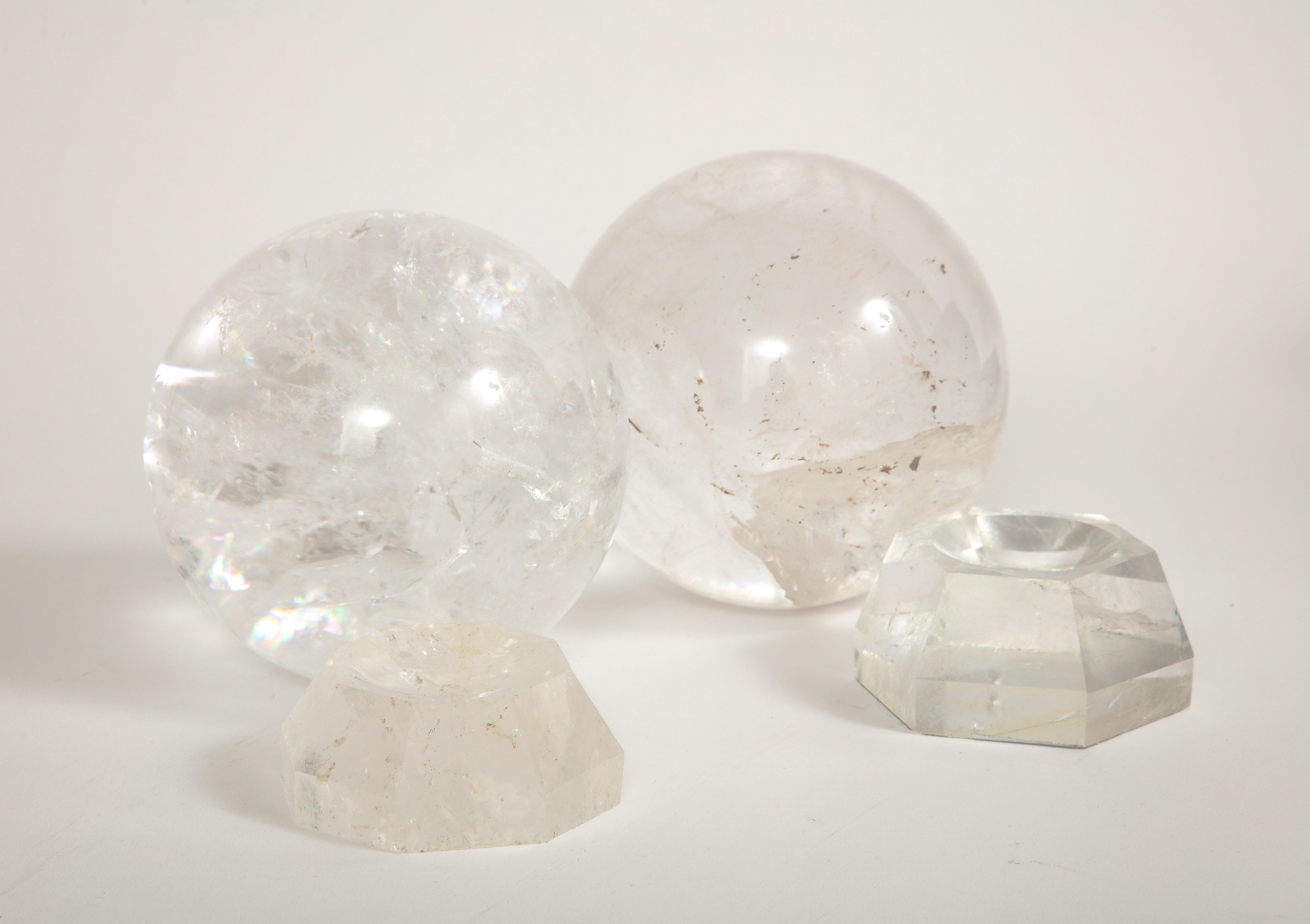 Pair of French Mid-Century Modern Rock Crystal Hand-Craved, Hand-Polished Orbs For Sale 3