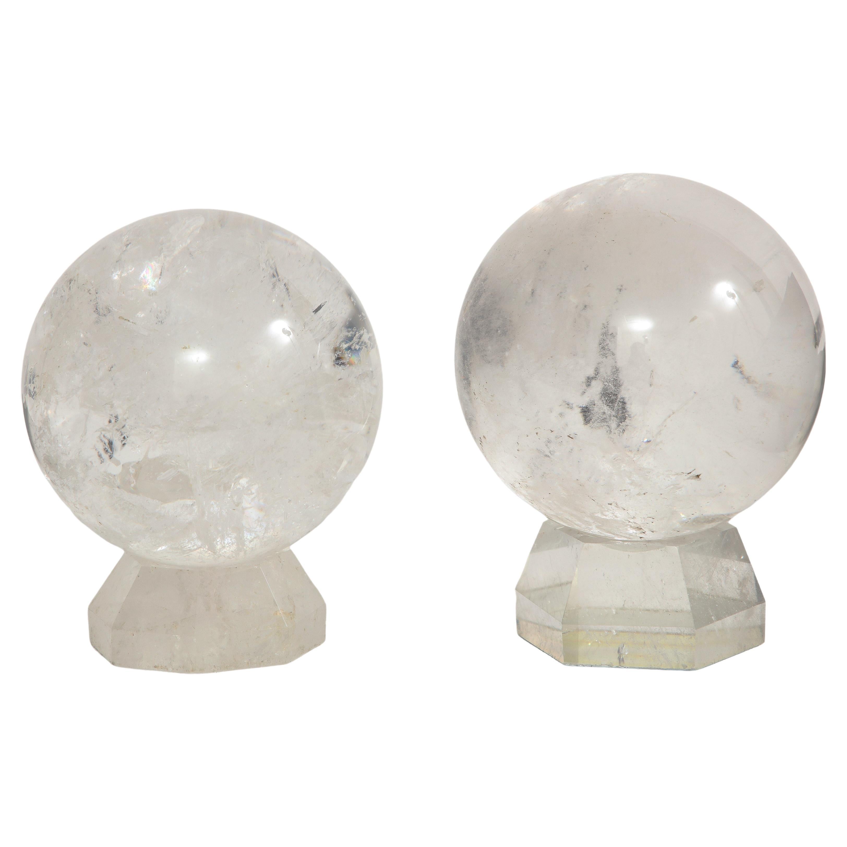Pair of French Mid-Century Modern Rock Crystal Hand-Craved, Hand-Polished Orbs