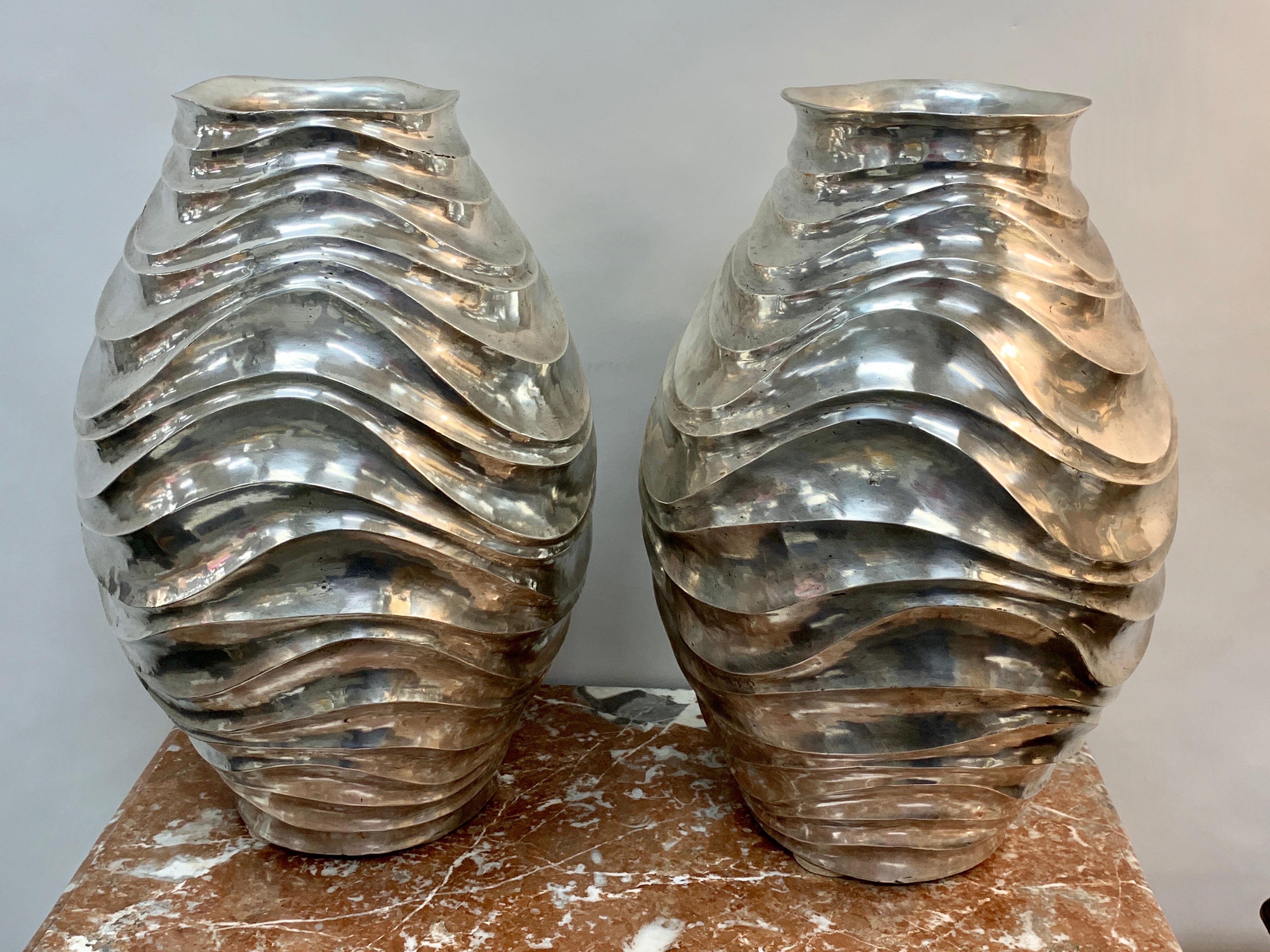 Forged Pair of French Modern Silver Plated Vases For Sale