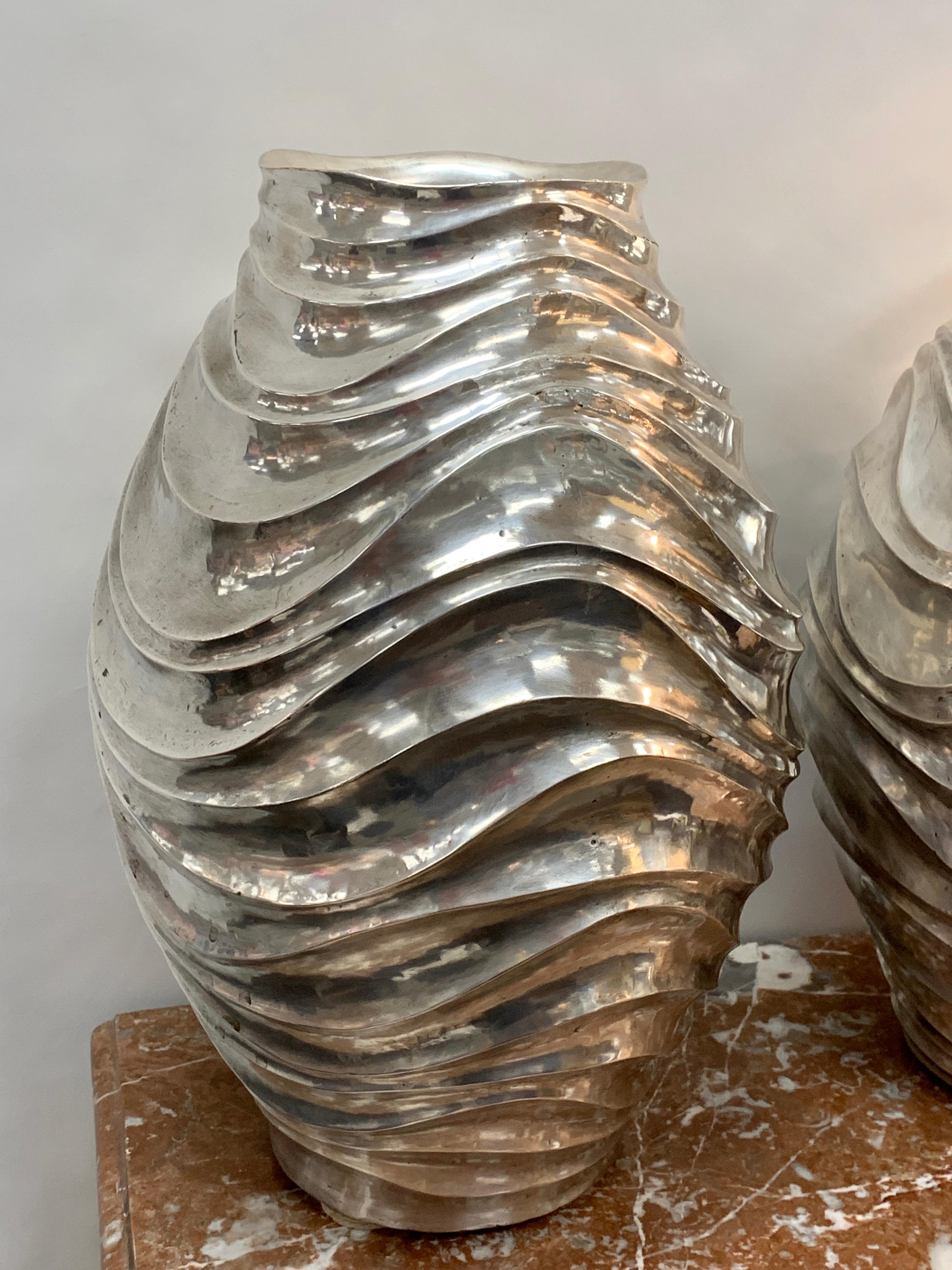 Pair of French Modern Silver Plated Vases In Good Condition For Sale In Atlanta, GA