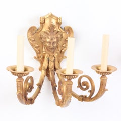 Pair of French Neoclassical Style Gilt Bronze Sconces Having Classical Masks