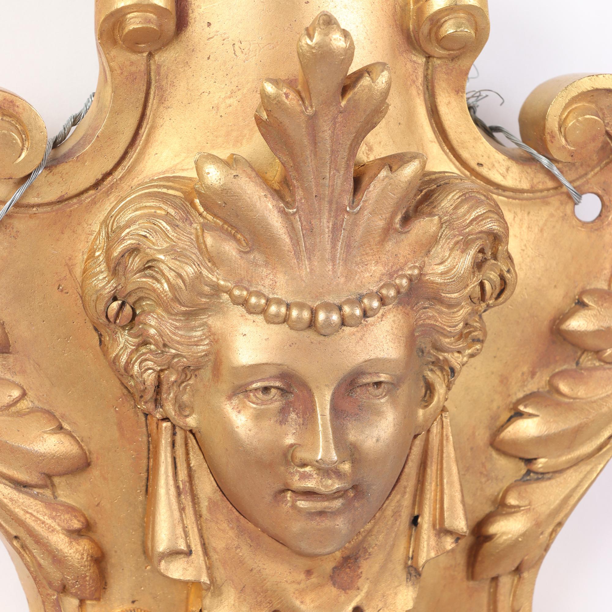 19th Century Pair of French Neoclassical Style Gilt Bronze Sconces Having Classical Masks For Sale