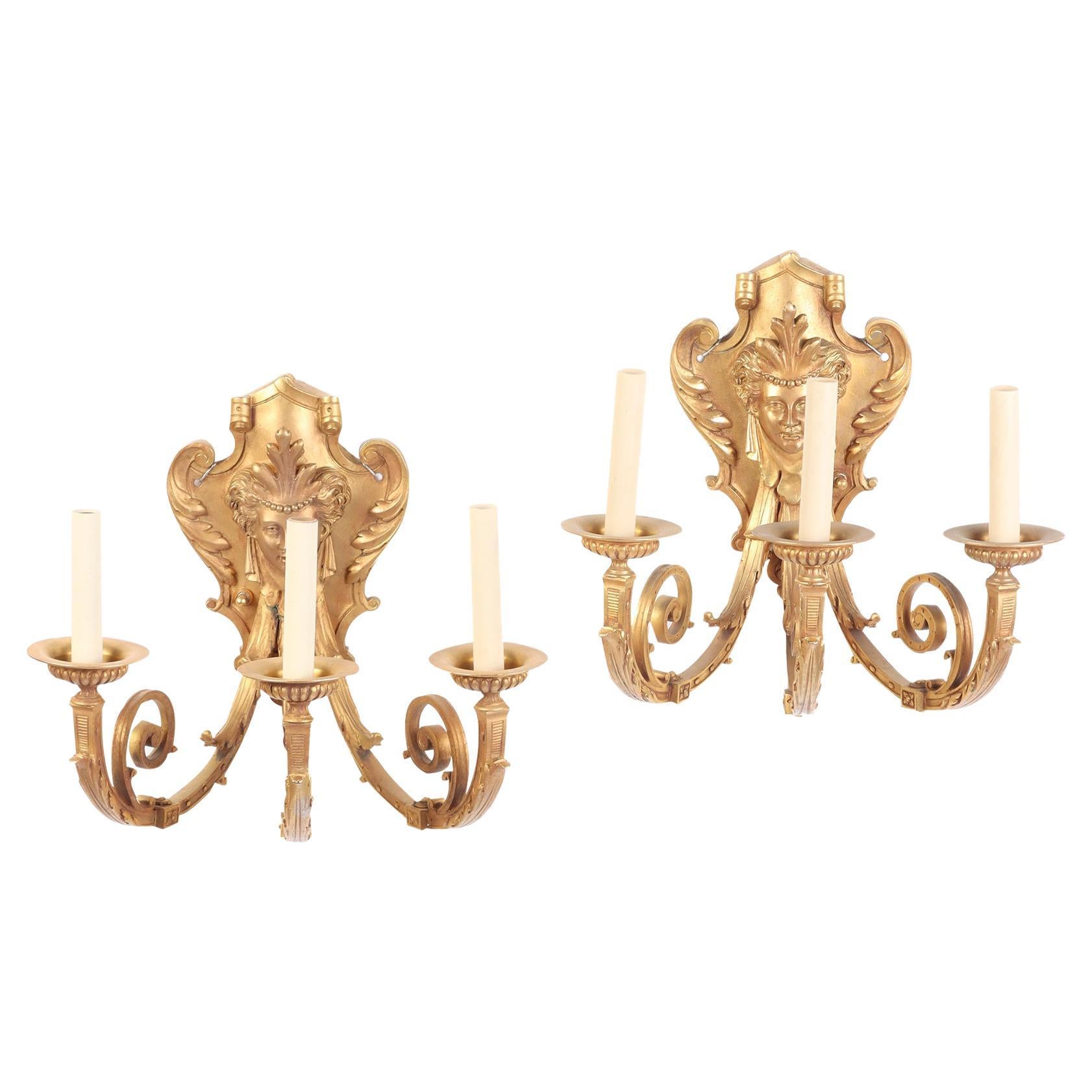 Pair of French Neoclassical Style Gilt Bronze Sconces Having Classical Masks For Sale