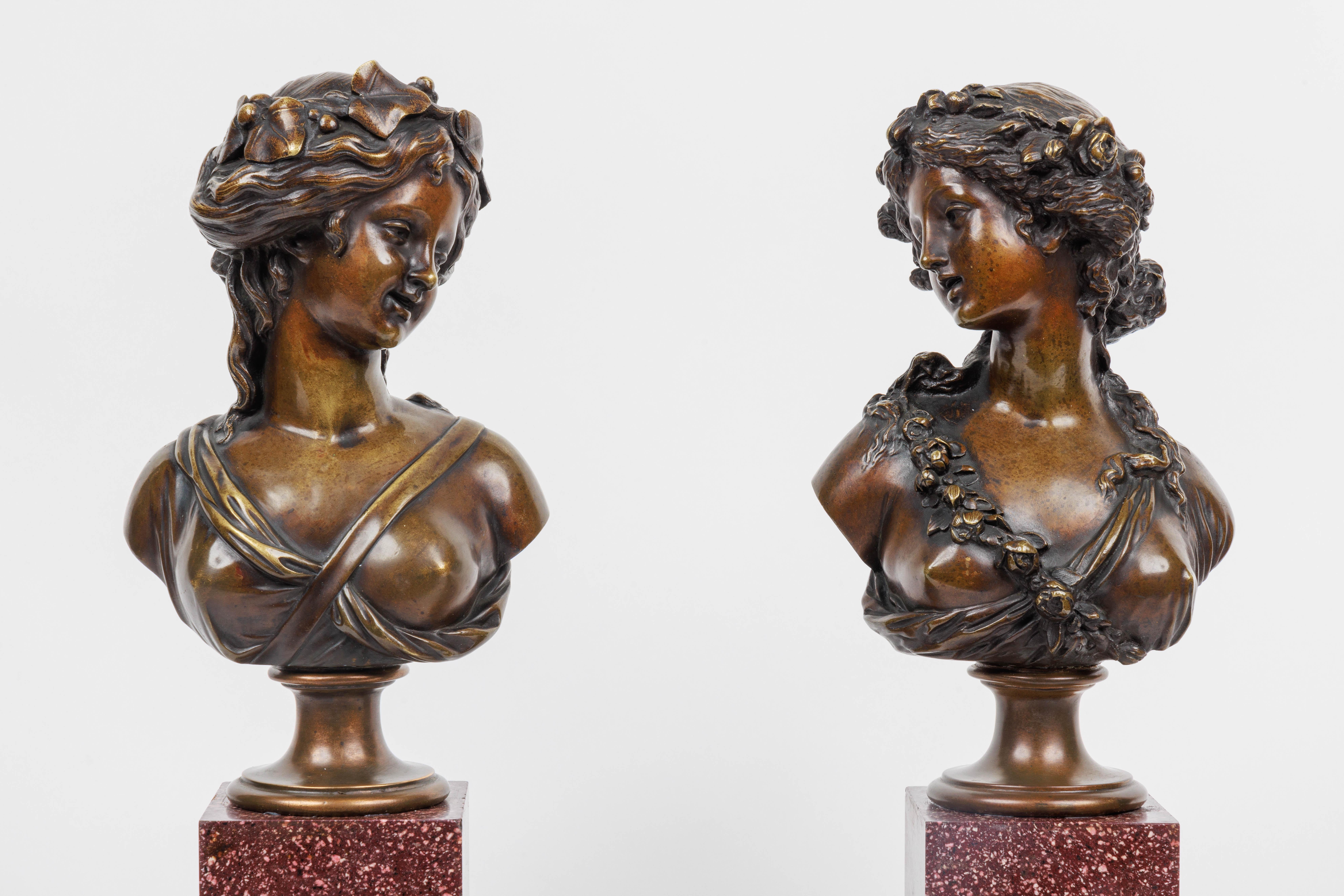 A Pair of French Ormolu and Patinated Bronze Figural Busts on Porphyry Bases, circa 1875.

One bust signed Marin, the other L.V.E Robert - a truly magnificent pair of busts, with very high quality ormolu.

14